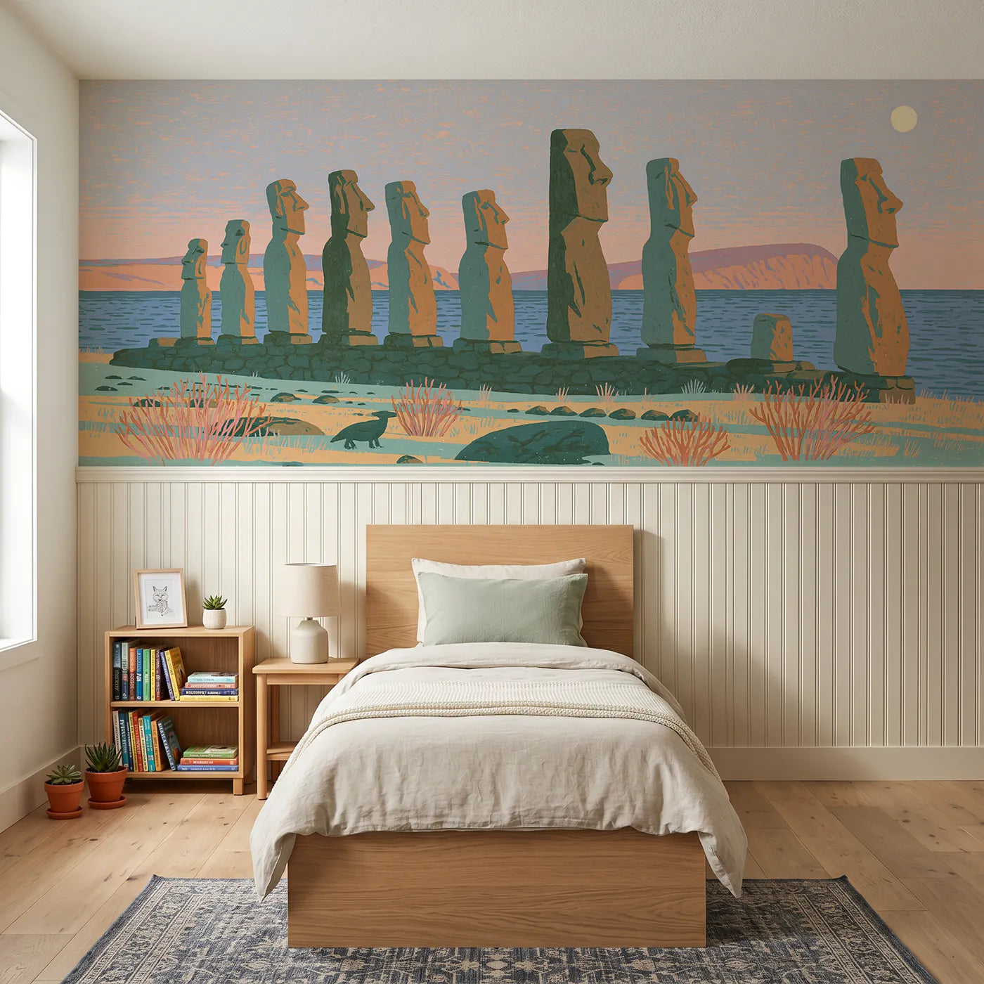 Block print wainscoting wallpaper of carved moai at dusk by Whimsy Tots