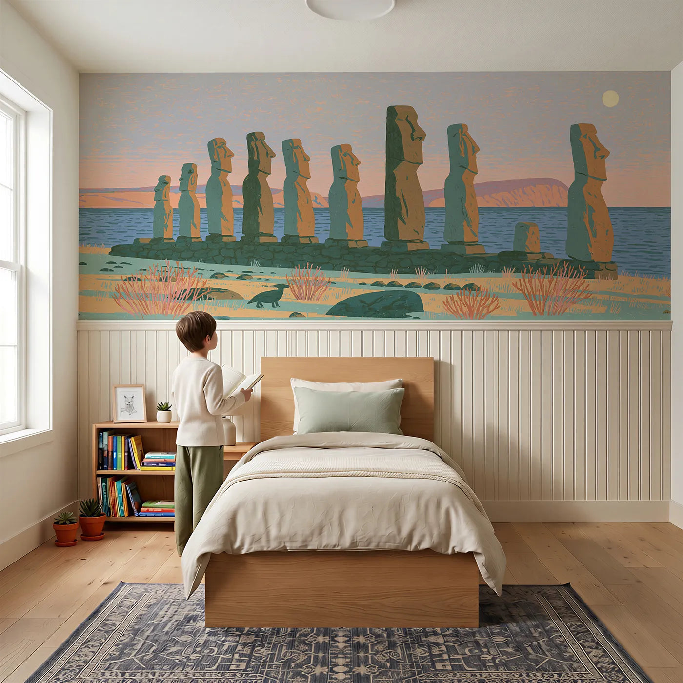 Child reading near Carved Moai Gathering Dusk Wainscoting Wallpaper by Whimsy Tots