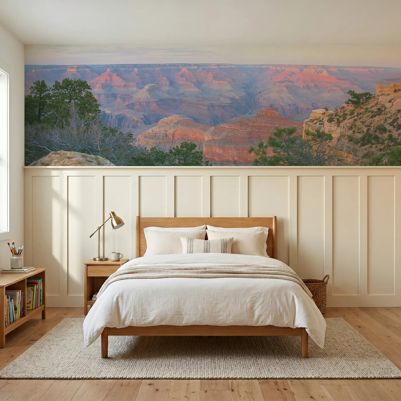Colored pencil wainscoting mural of the Grand Canyon at morning by Whimsy Tots