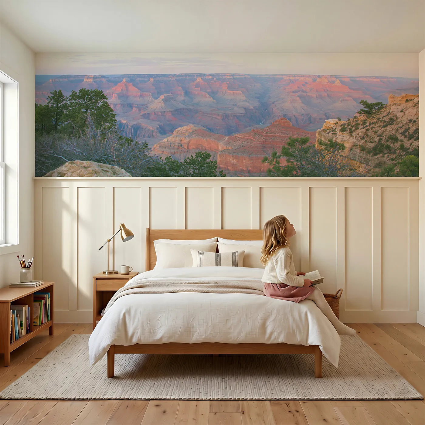 Child reading near Grand Canyon Bright Morning Wainscoting Wallpaper by Whimsy Tots