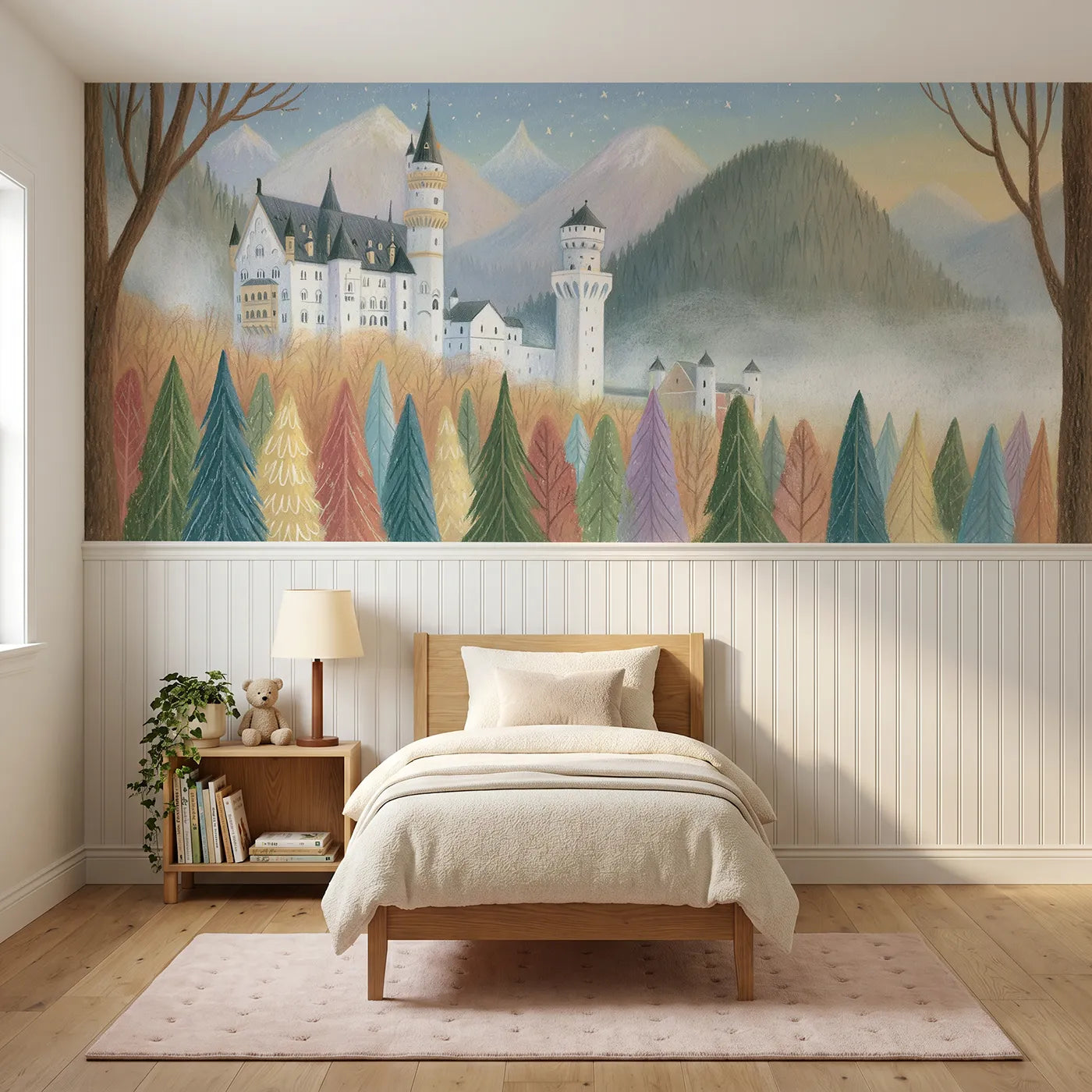 Colored pencil wainscoting wallpaper of a castle above a misty valley by Whimsy Tots