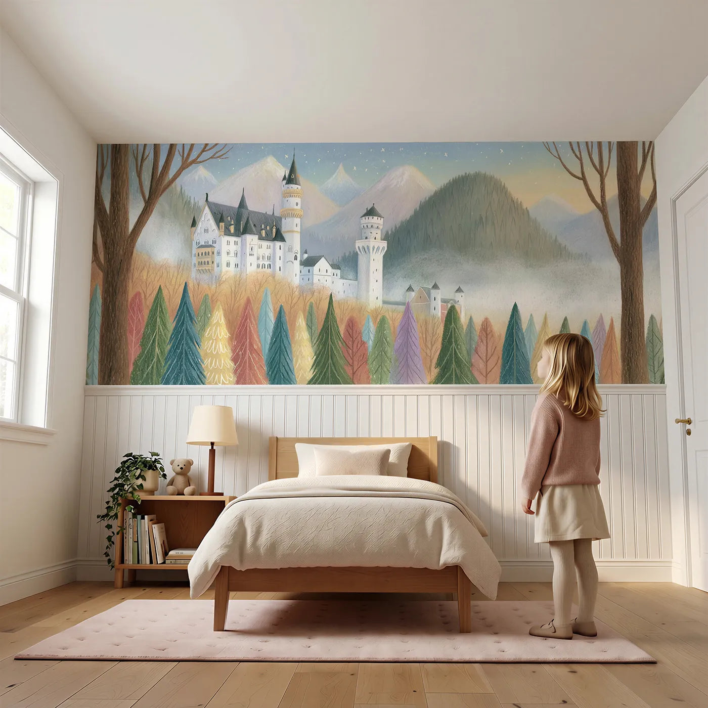 Child reading near Castle Above Misty Valley Wainscoting Wallpaper by Whimsy Tots