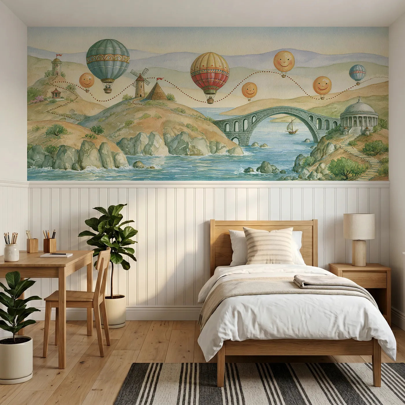 Storybook wainscoting wallpaper of a balloon voyage adventure map by Whimsy Tots