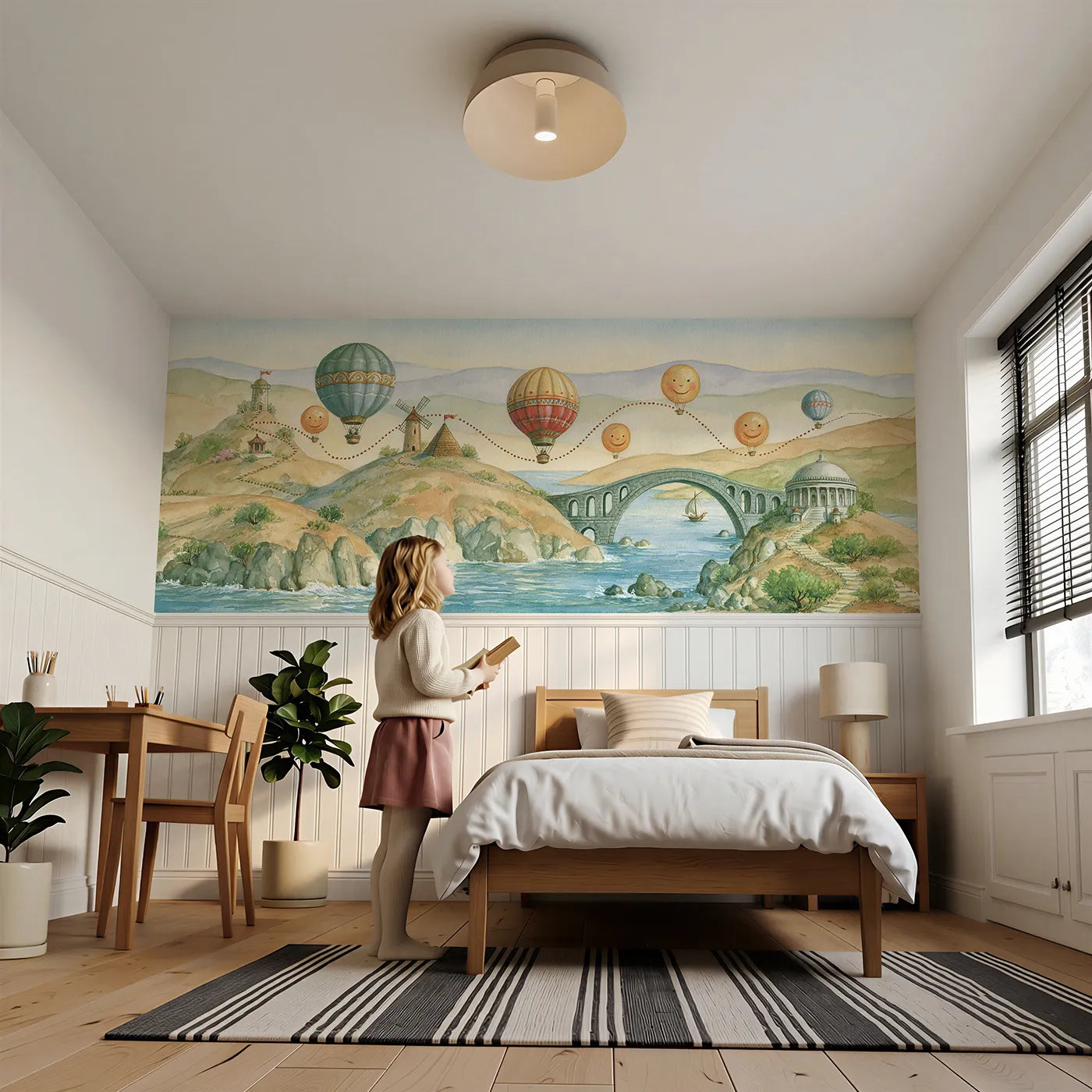 Child reading near Balloon Voyage Adventure Map Wainscoting Wallpaper by Whimsy Tots