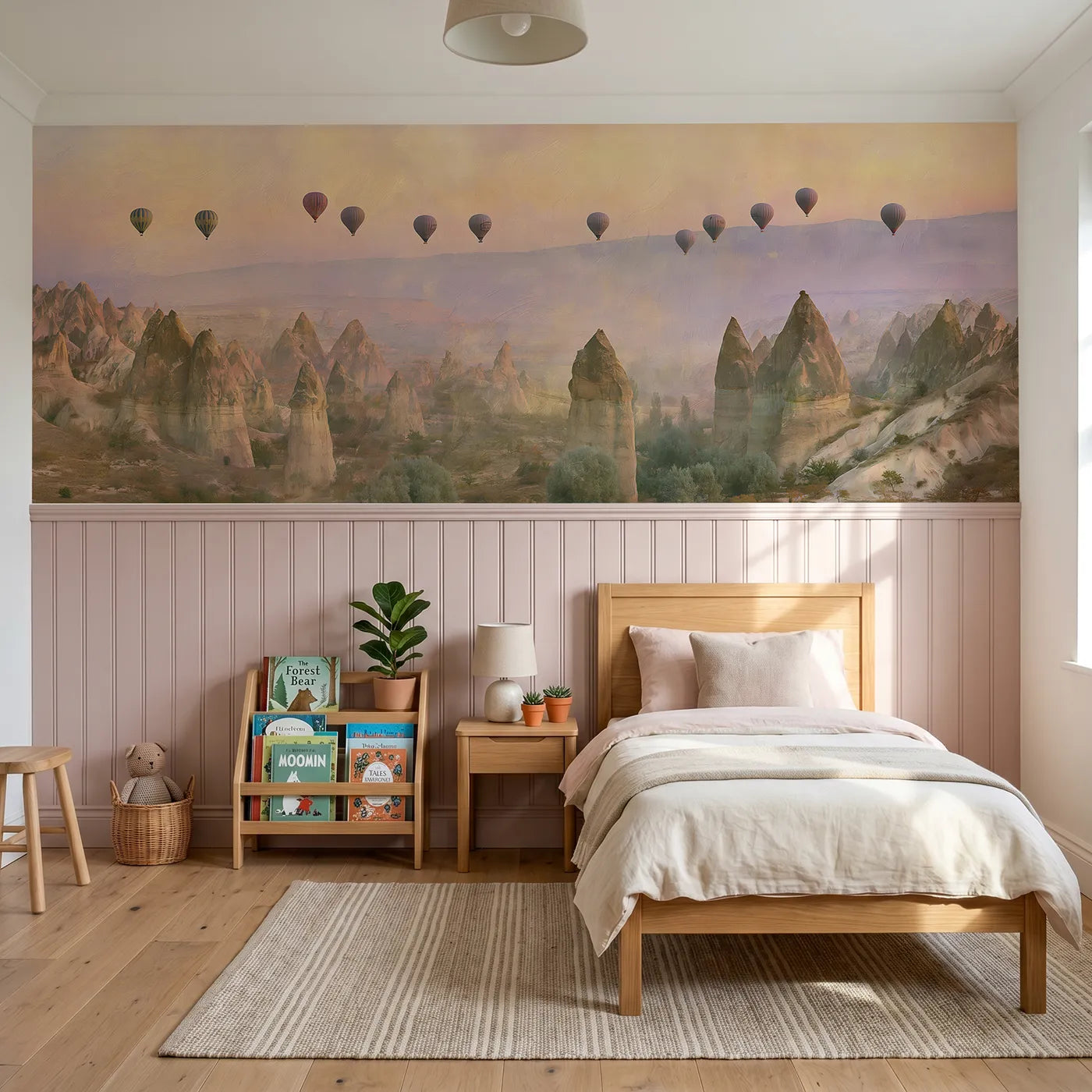 Watercolor wainscoting wallpaper of balloons over fairy chimneys by Whimsy Tots