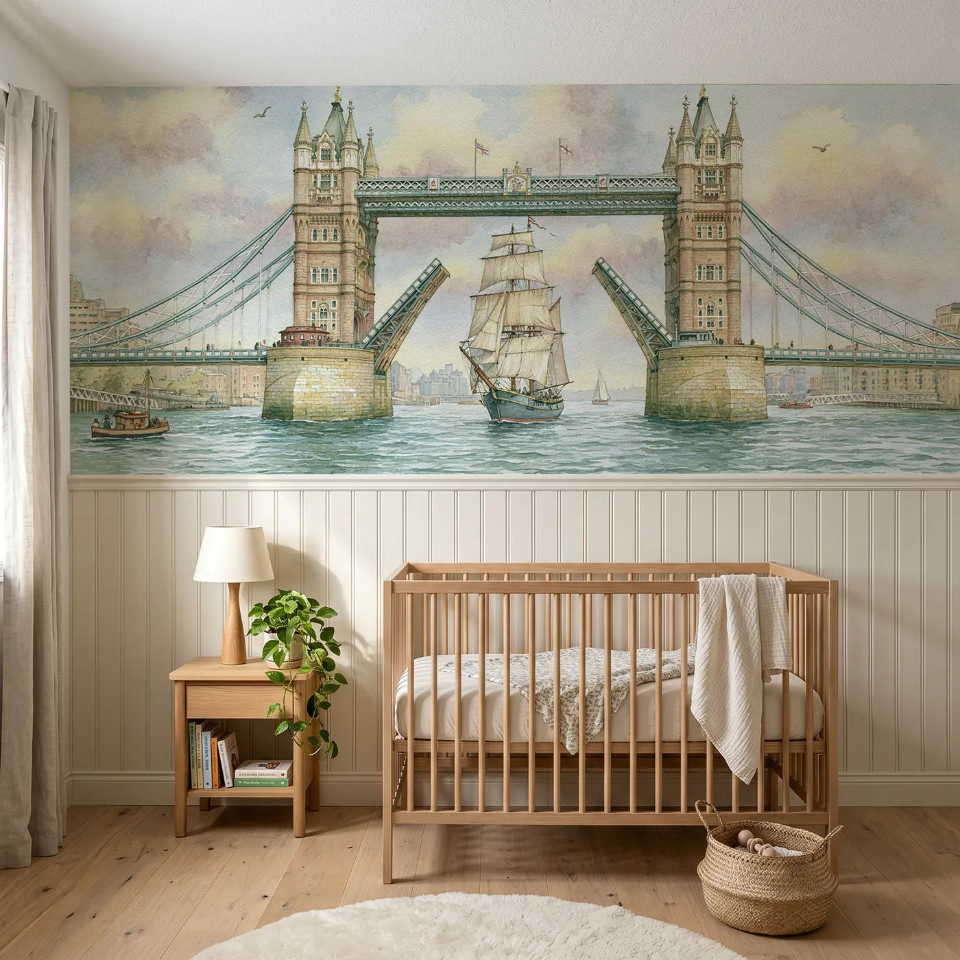 Storybook wainscoting wallpaper of a bridge opening for sails by Whimsy Tots