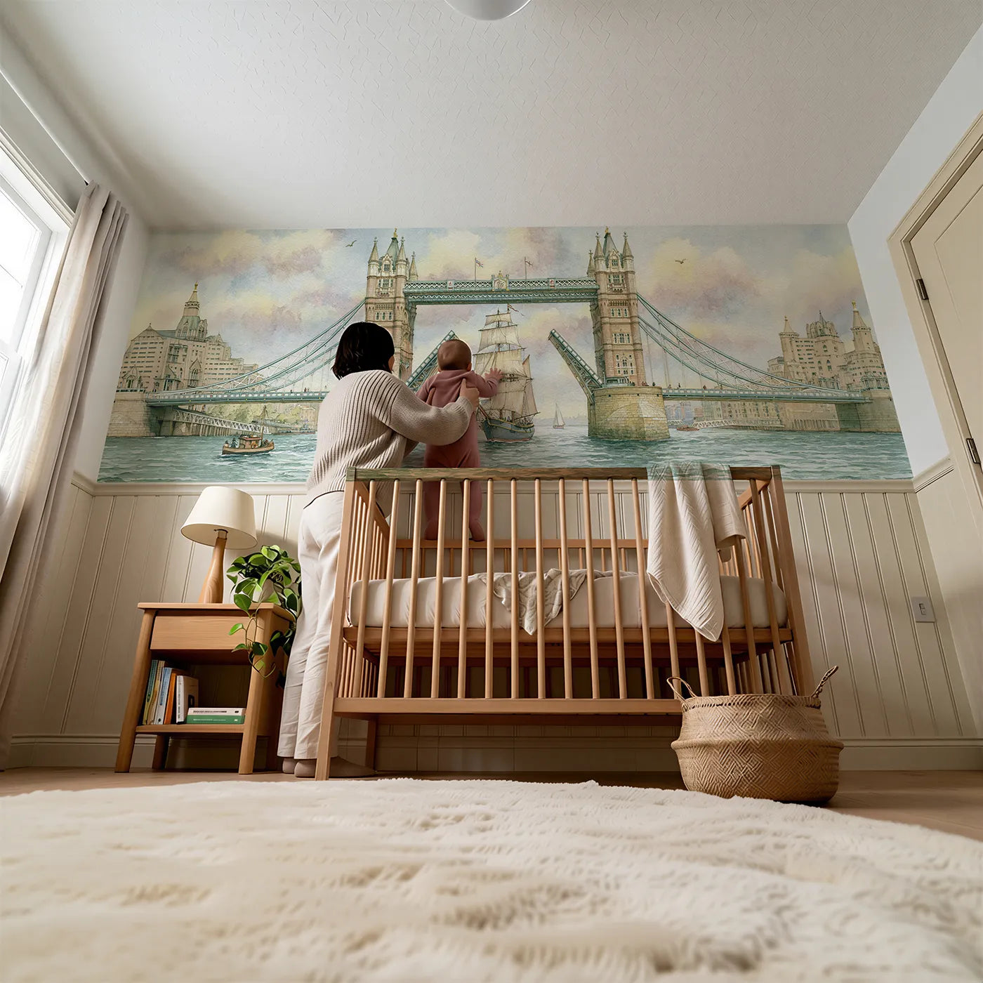 Child reading near Bridge Opens For Sails Wainscoting Wallpaper by Whimsy Tots