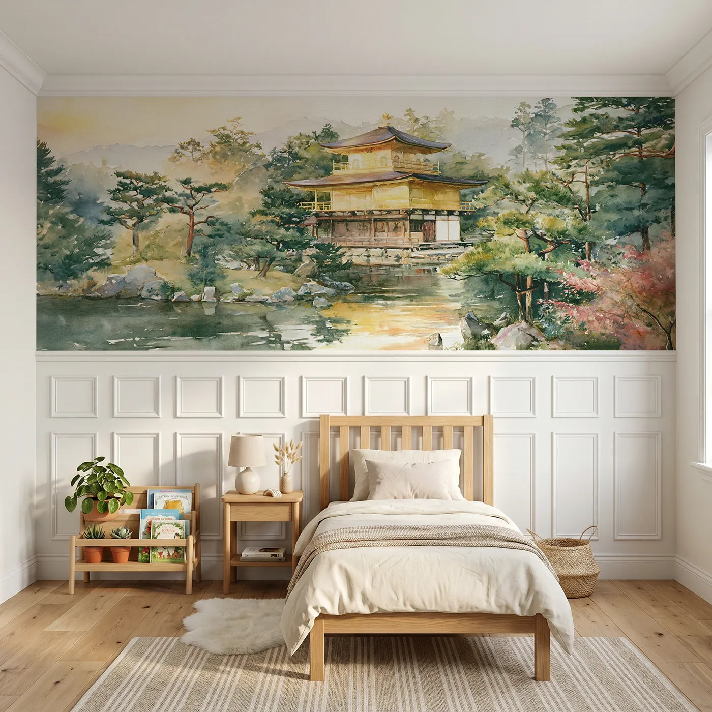 Watercolor wainscoting wallpaper of the golden pavilion reflected by Whimsy Tots