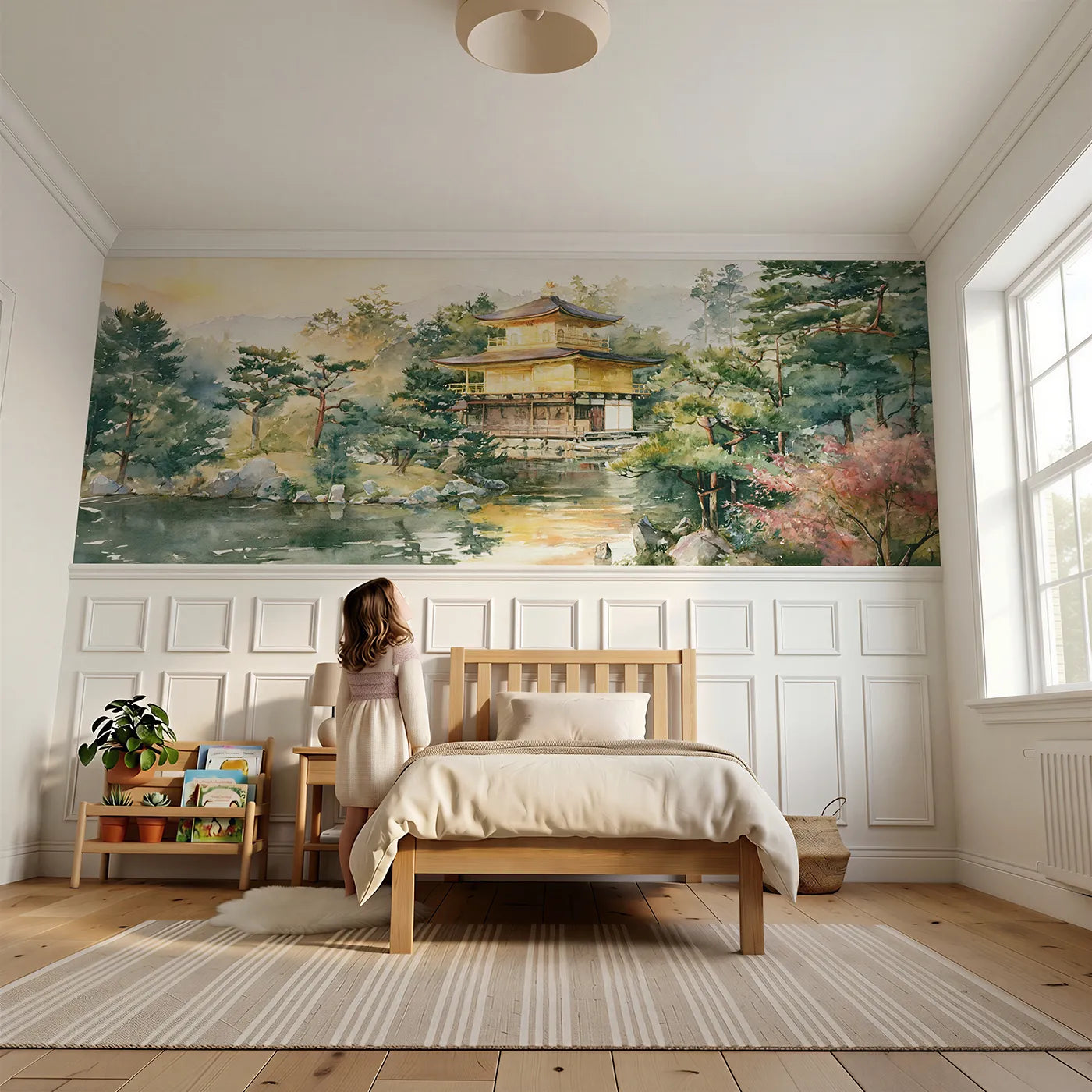 Child reading near Golden Pavilion At Dawn Wainscoting Wallpaper by Whimsy Tots