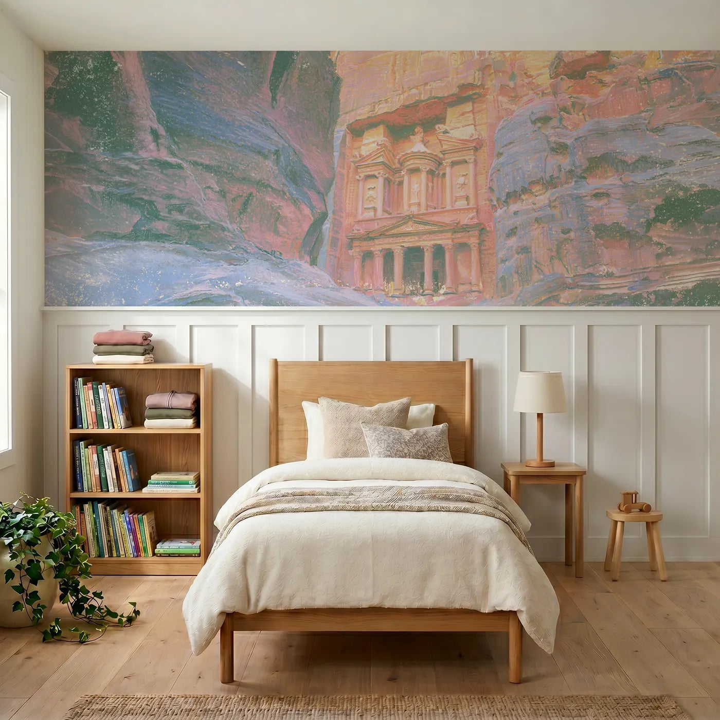 Soft pastel wainscoting wallpaper of the rose treasury at evening by Whimsy Tots