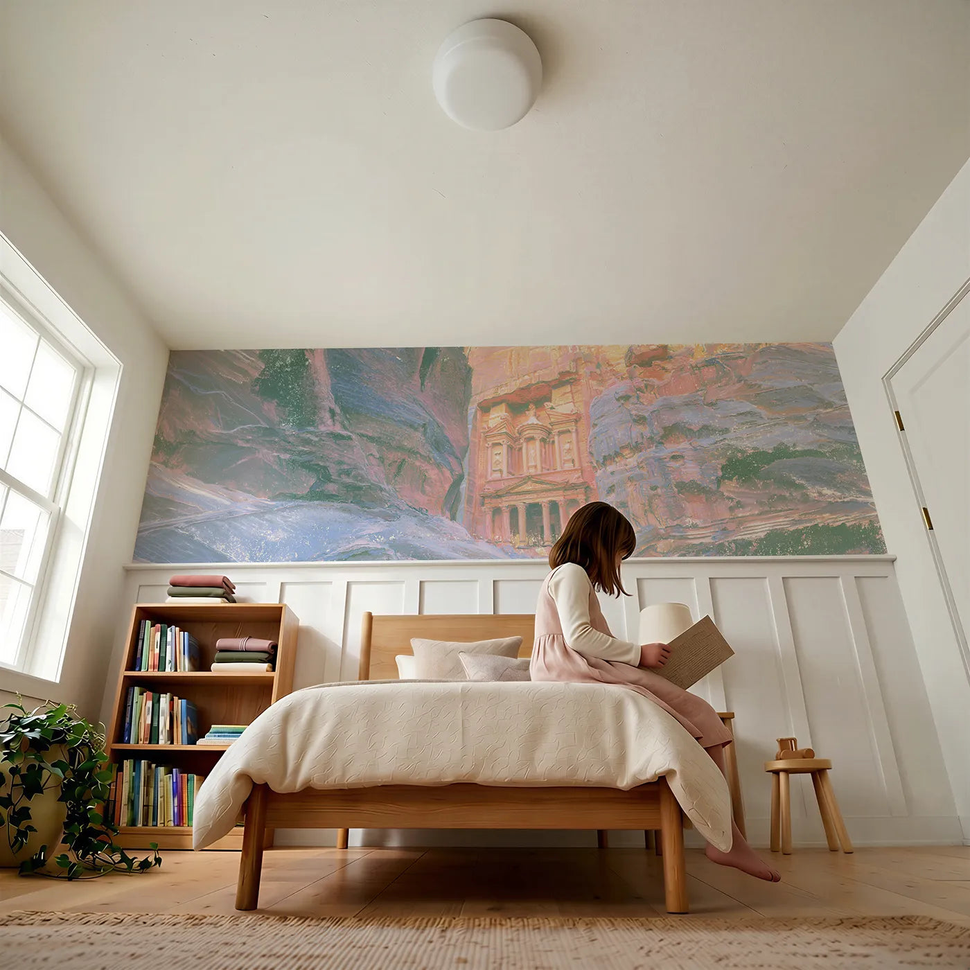 Child reading near Rose Treasury Warm Evening Wainscoting Wallpaper by Whimsy Tots