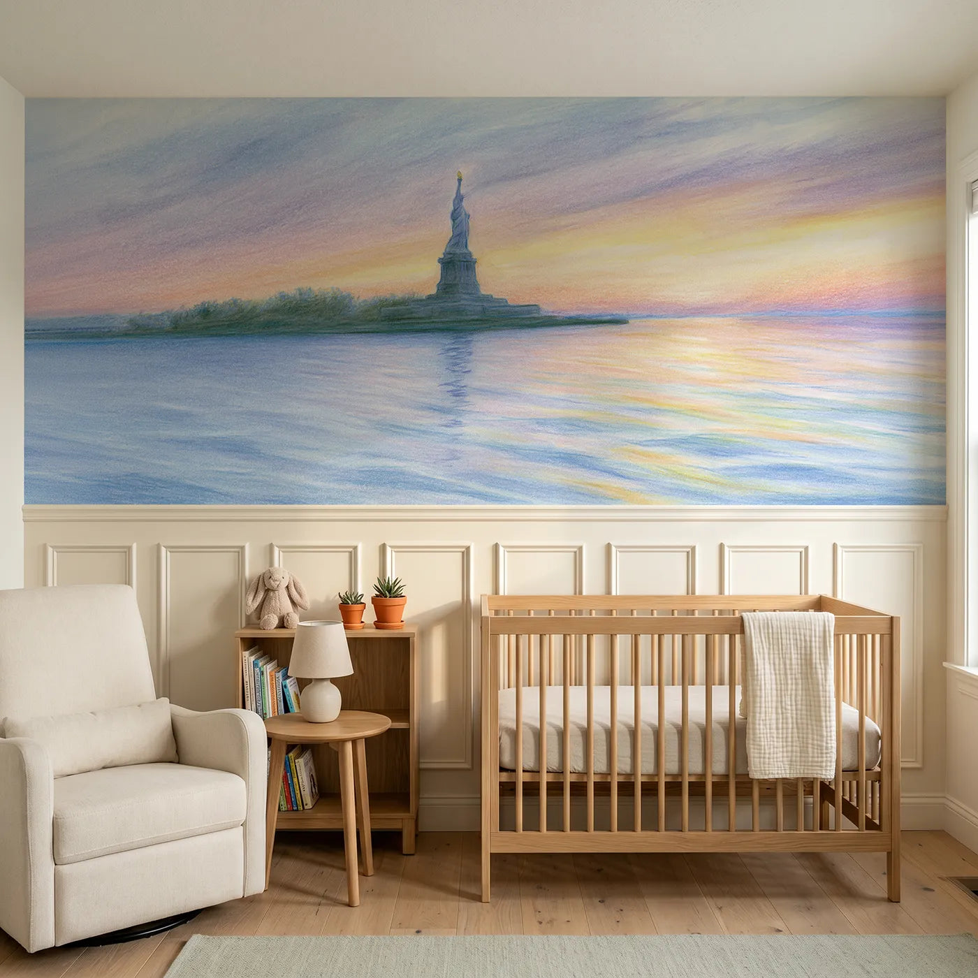 Colored pencil wainscoting wallpaper of the Liberty torch at dawn by Whimsy Tots