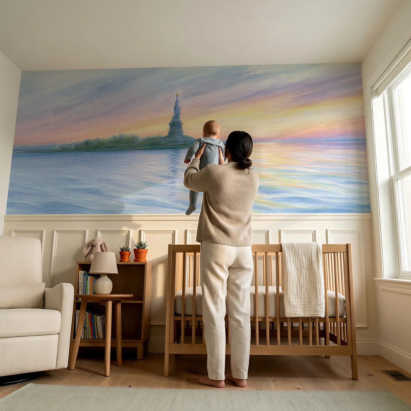 Child reading near Liberty Torch At First Light Wainscoting Wallpaper by Whimsy Tots