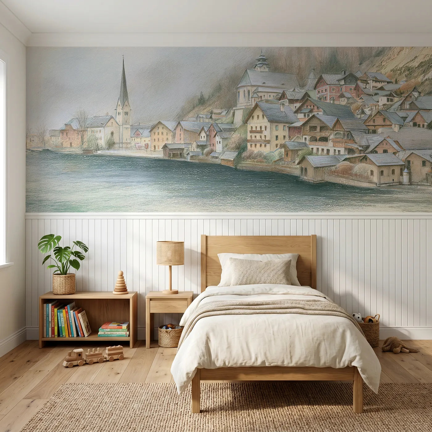 Colored pencil wainscoting wallpaper of a misty lakeside village by Whimsy Tots