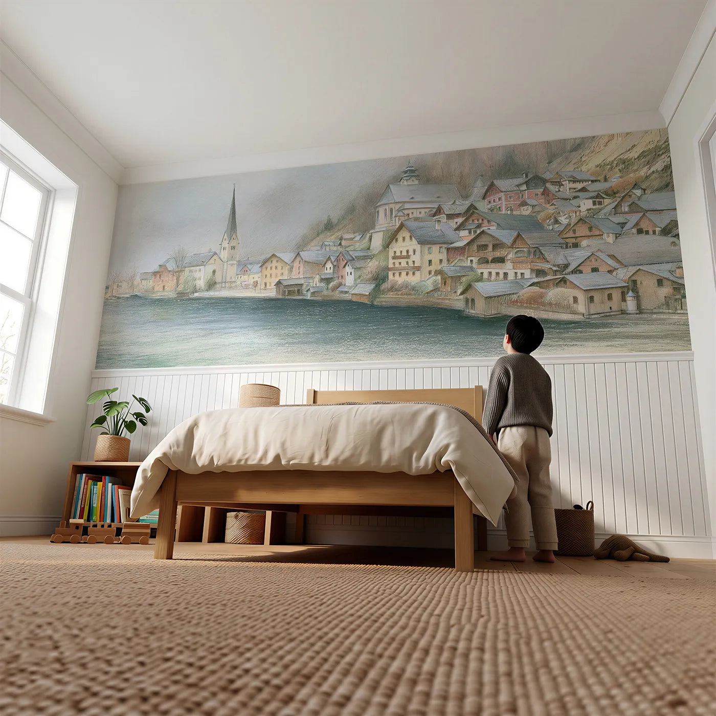 Child reading near Lakeside Village Misty Morning Wainscoting Wallpaper by Whimsy Tots