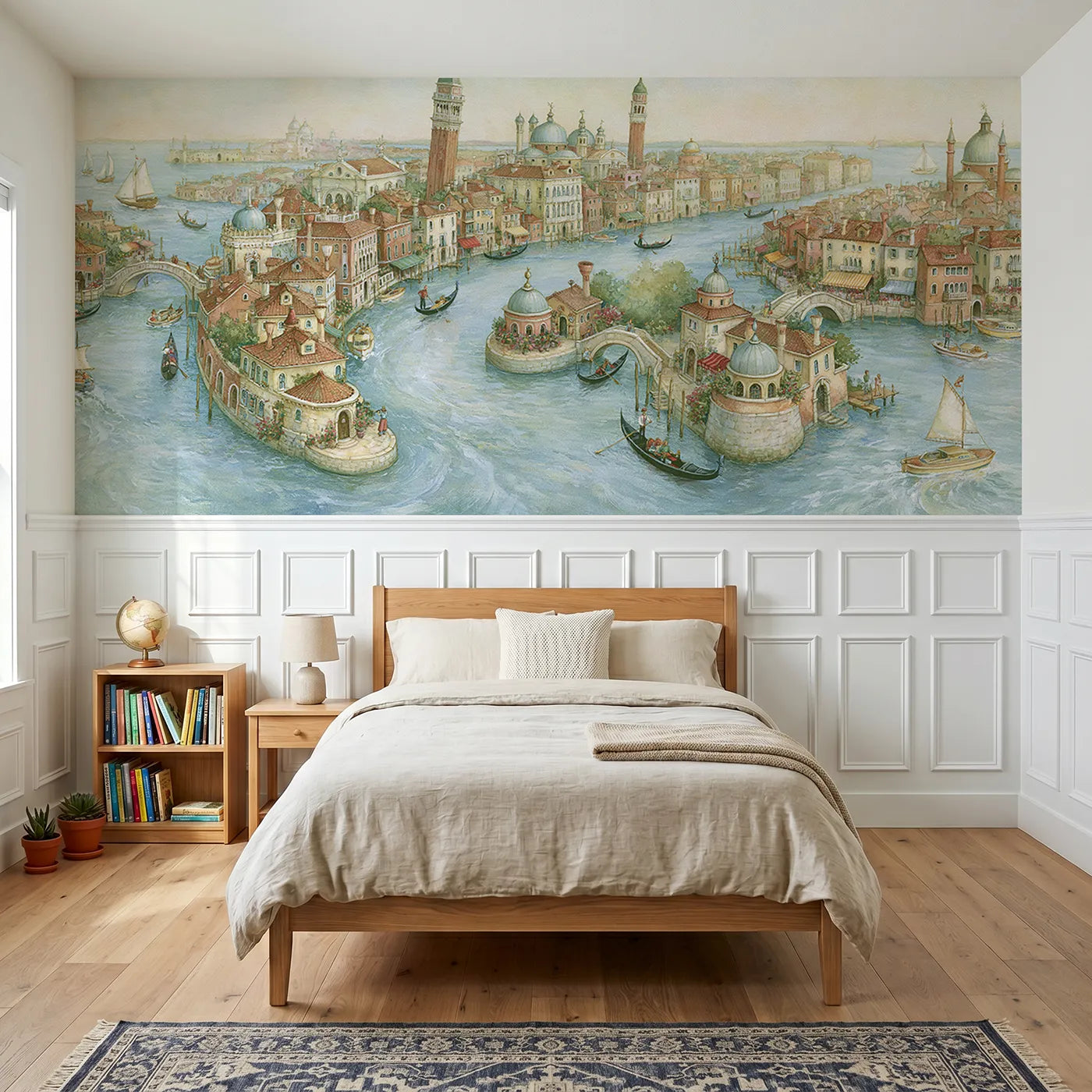 Storybook wainscoting wallpaper of a Venice canal adventure map by Whimsy Tots