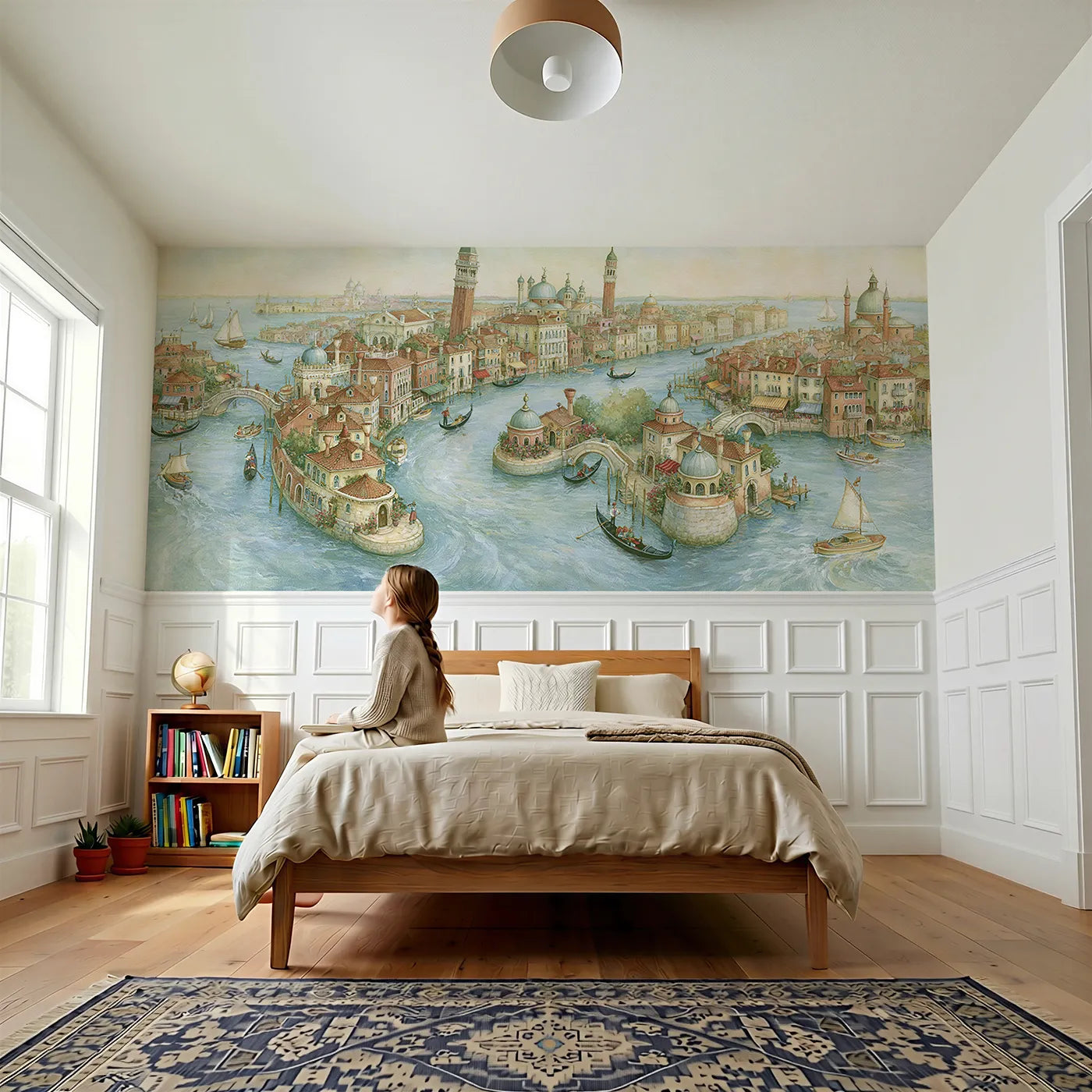 Child reading near Venice Canal Adventure Map Wainscoting Wallpaper by Whimsy Tots