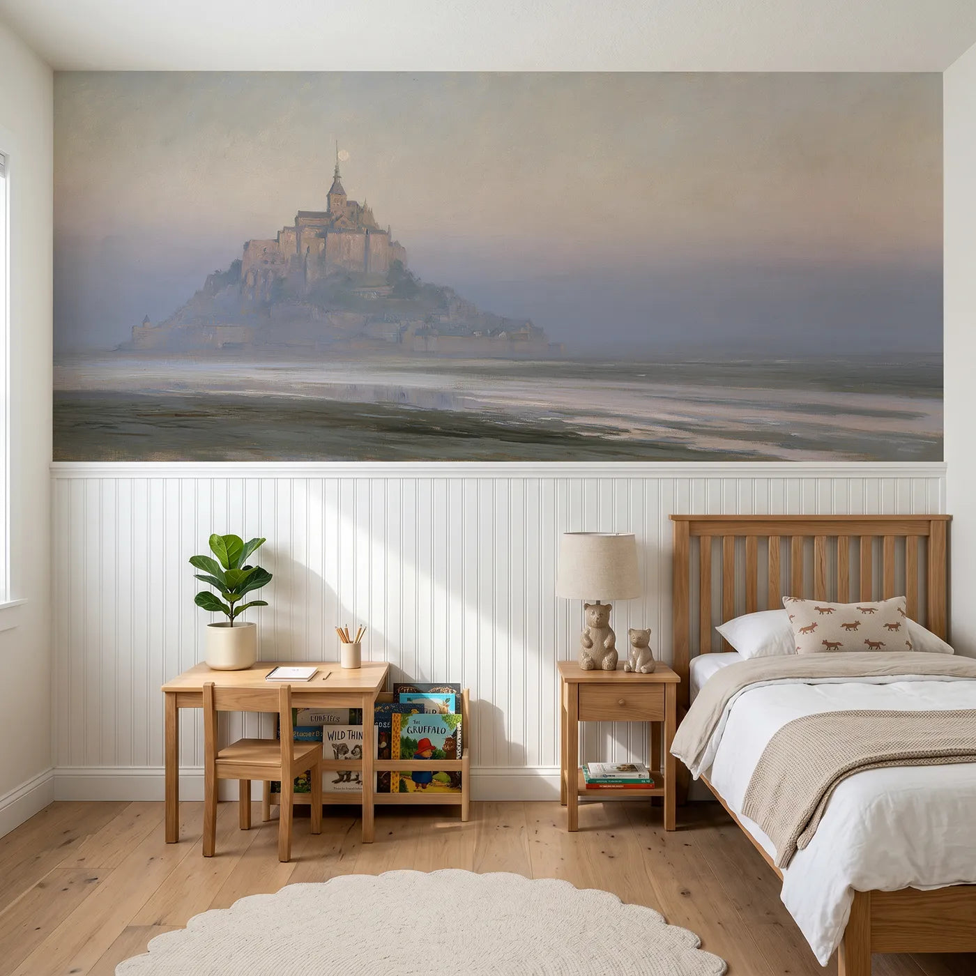 Watercolor wainscoting wallpaper of an abbey across tidal sands by Whimsy Tots