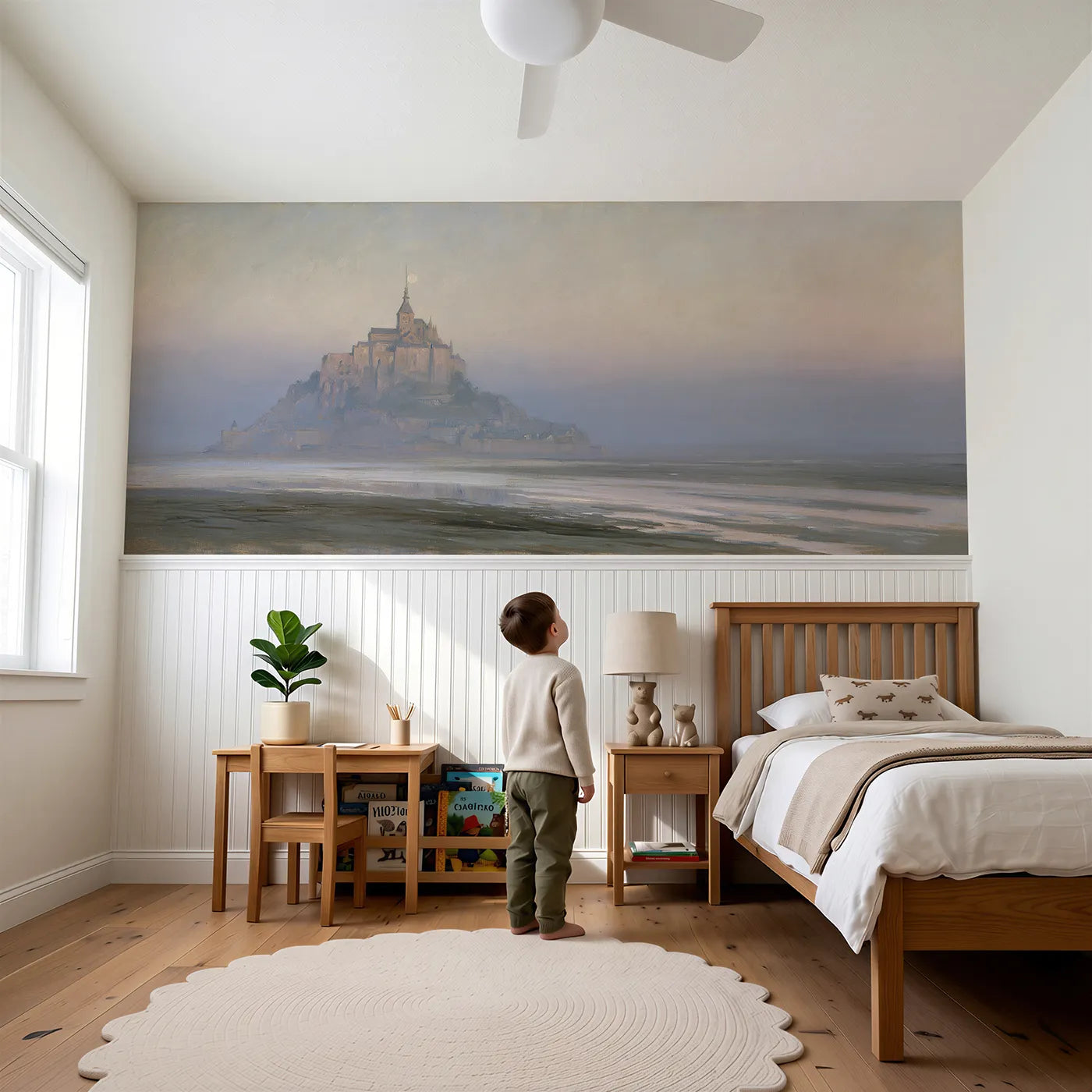 Child reading near Abbey Across The Sands Wainscoting Wallpaper by Whimsy Tots