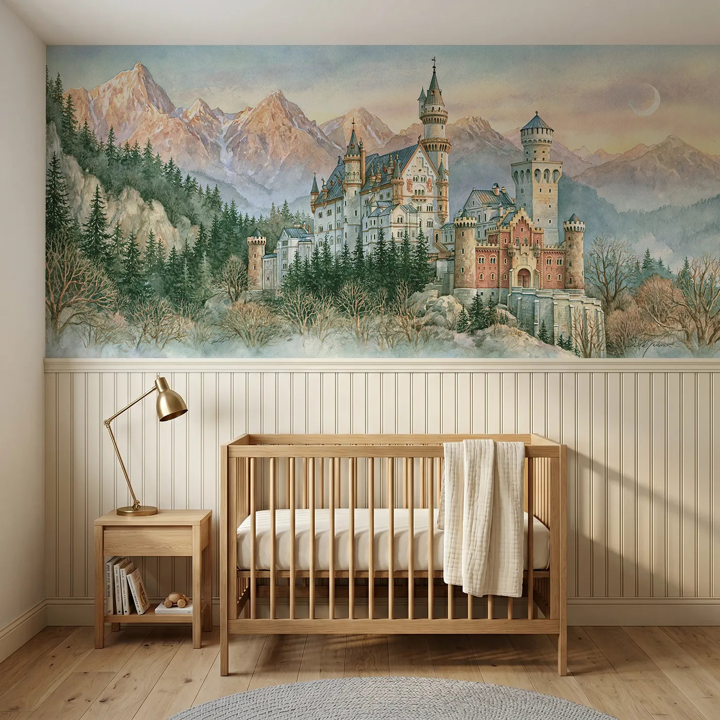 Storybook wainscoting wallpaper of castle towers at dawn by Whimsy Tots