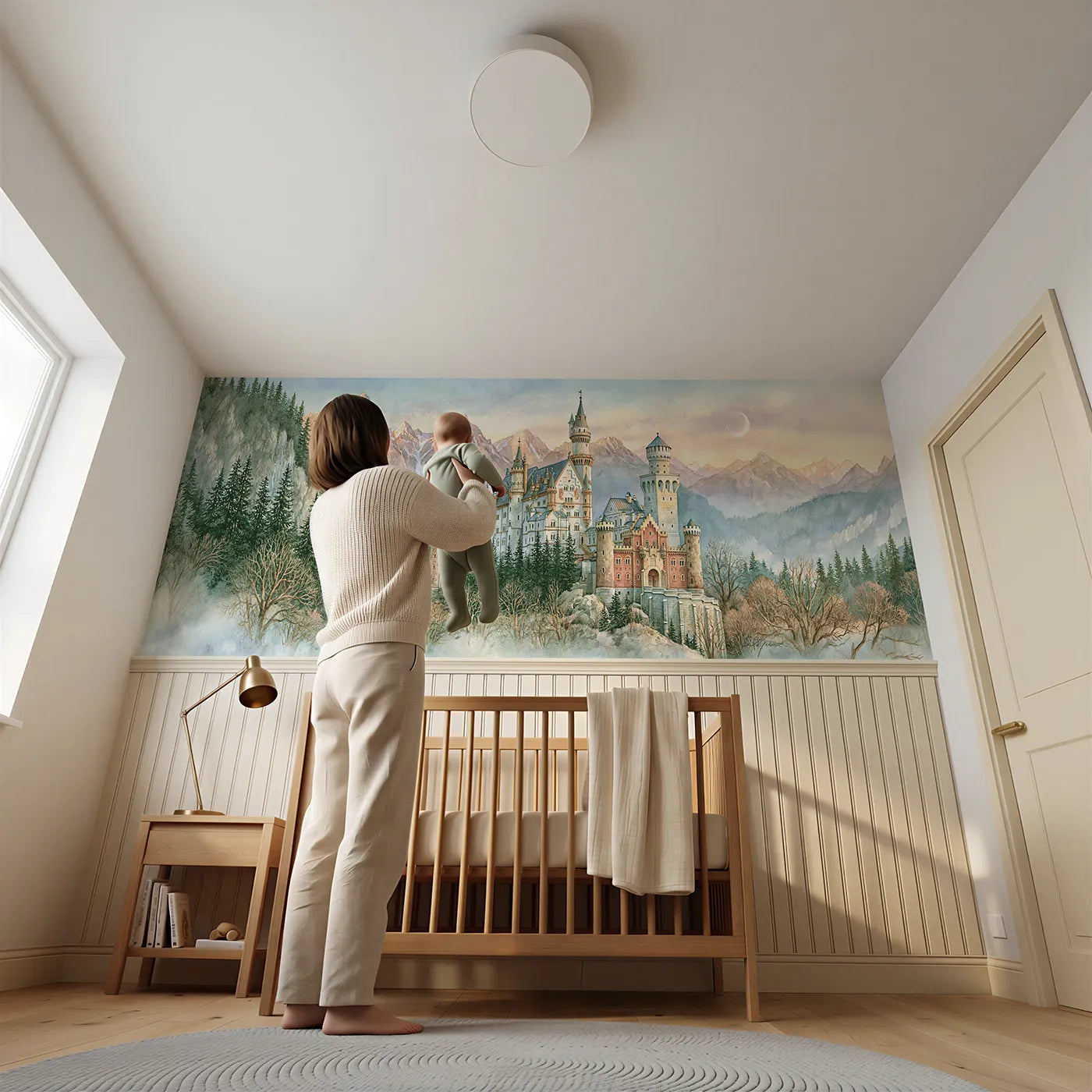 Child reading near Castle Towers At Dawn Wainscoting Wallpaper by Whimsy Tots