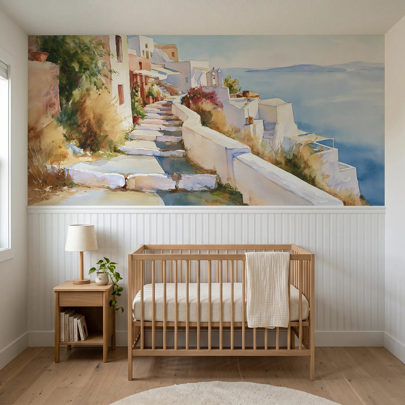 Watercolor wainscoting wallpaper of white steps down to the sea by Whimsy Tots