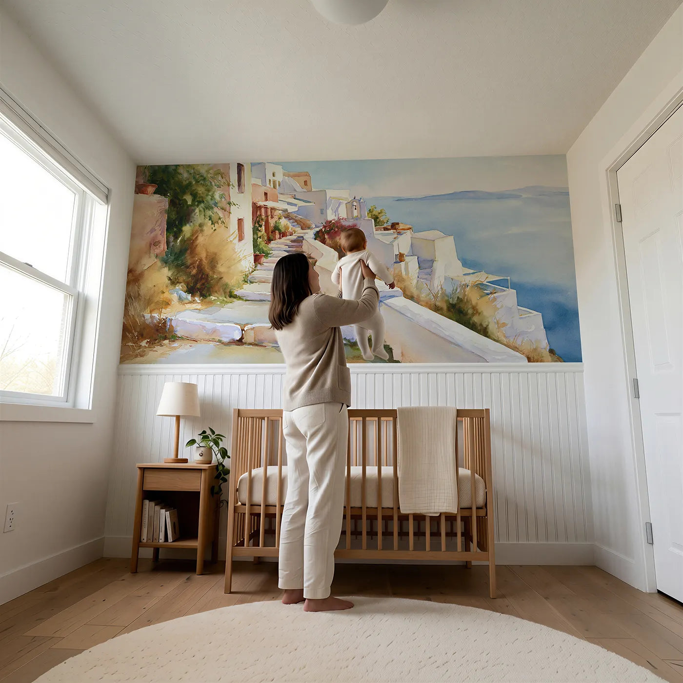 Child reading near White Steps To Sea Wainscoting Wallpaper by Whimsy Tots