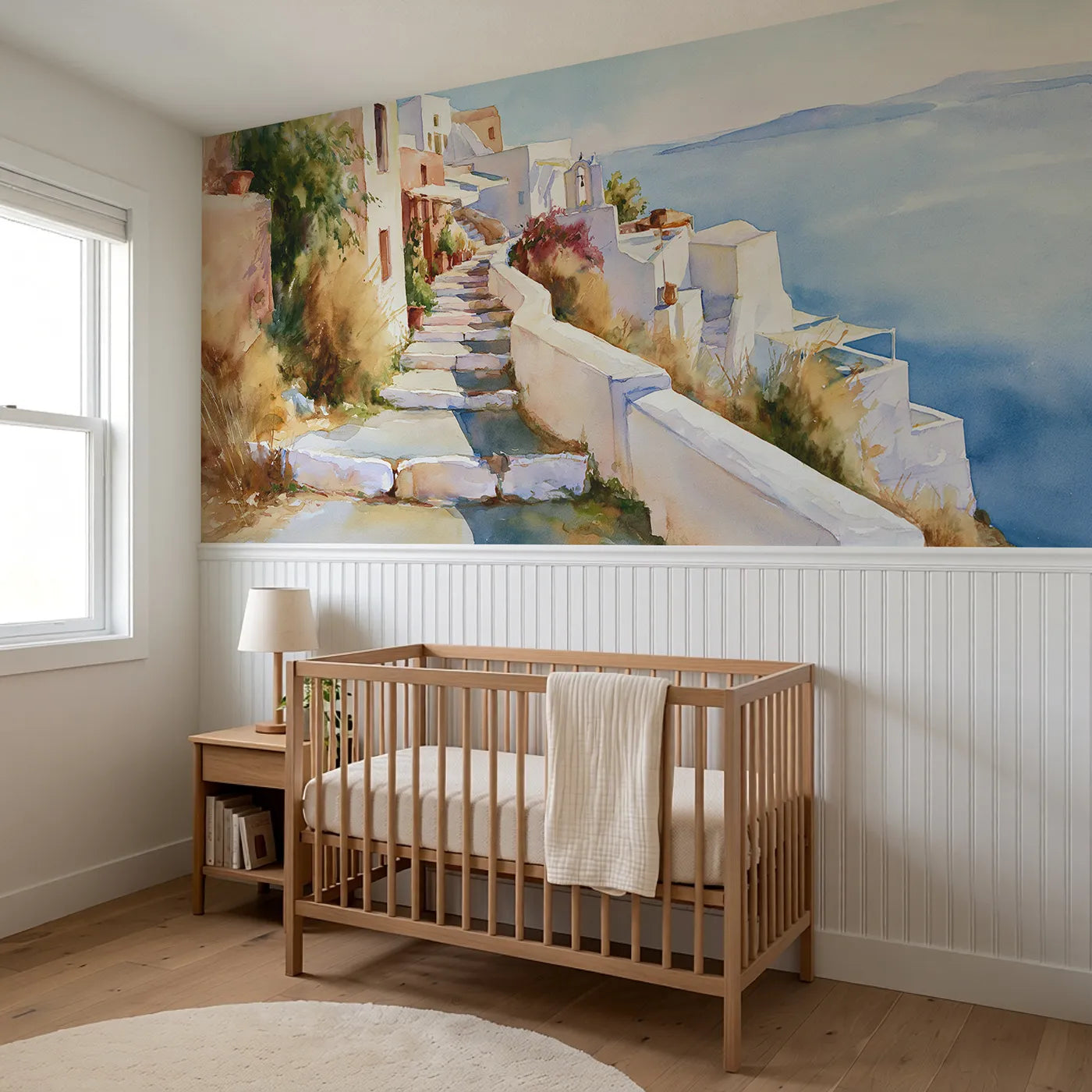 White Steps To Sea Wainscoting Wallpaper styled in a kids room by Whimsy Tots
