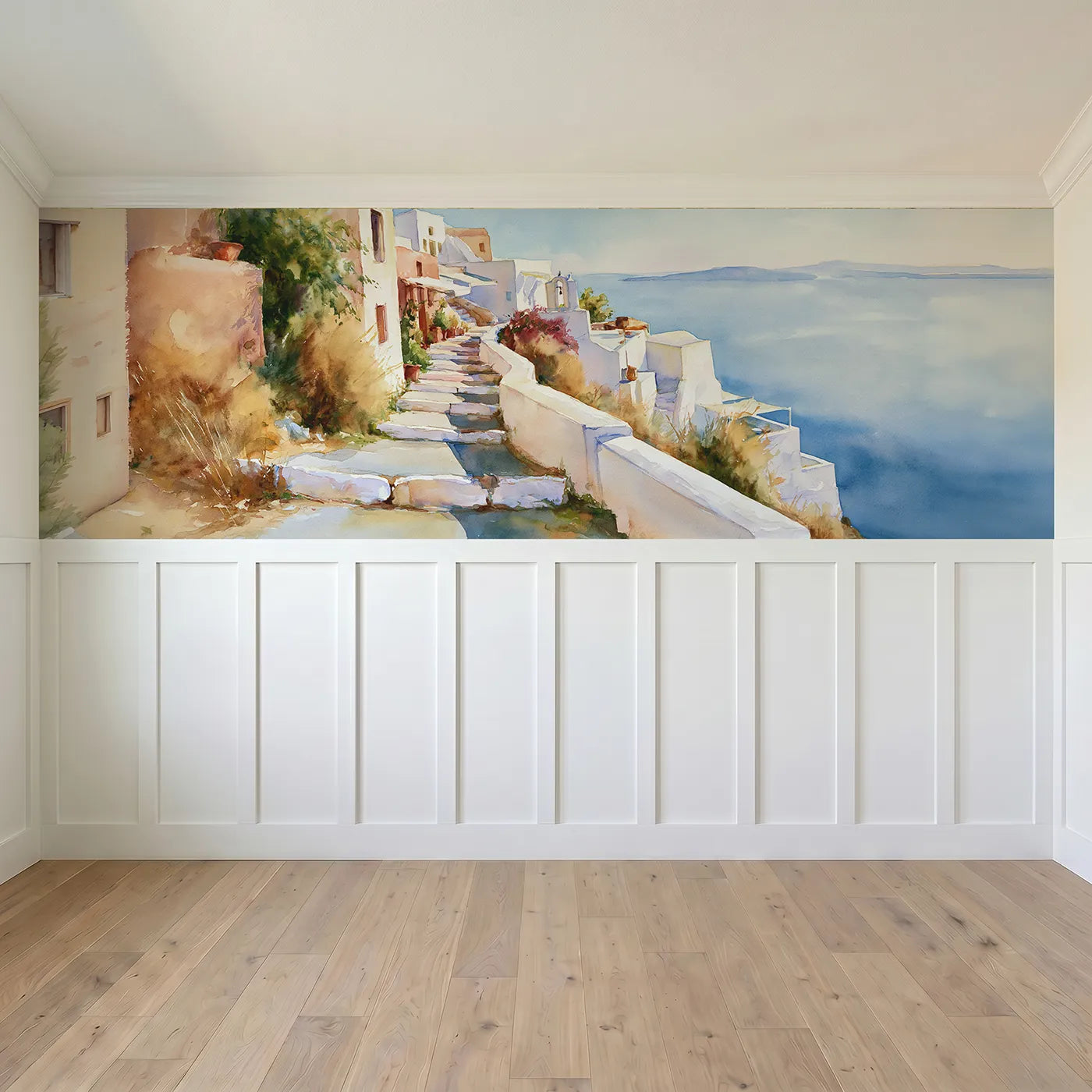 Full panel view of White Steps To Sea Wainscoting Wallpaper by Whimsy Tots