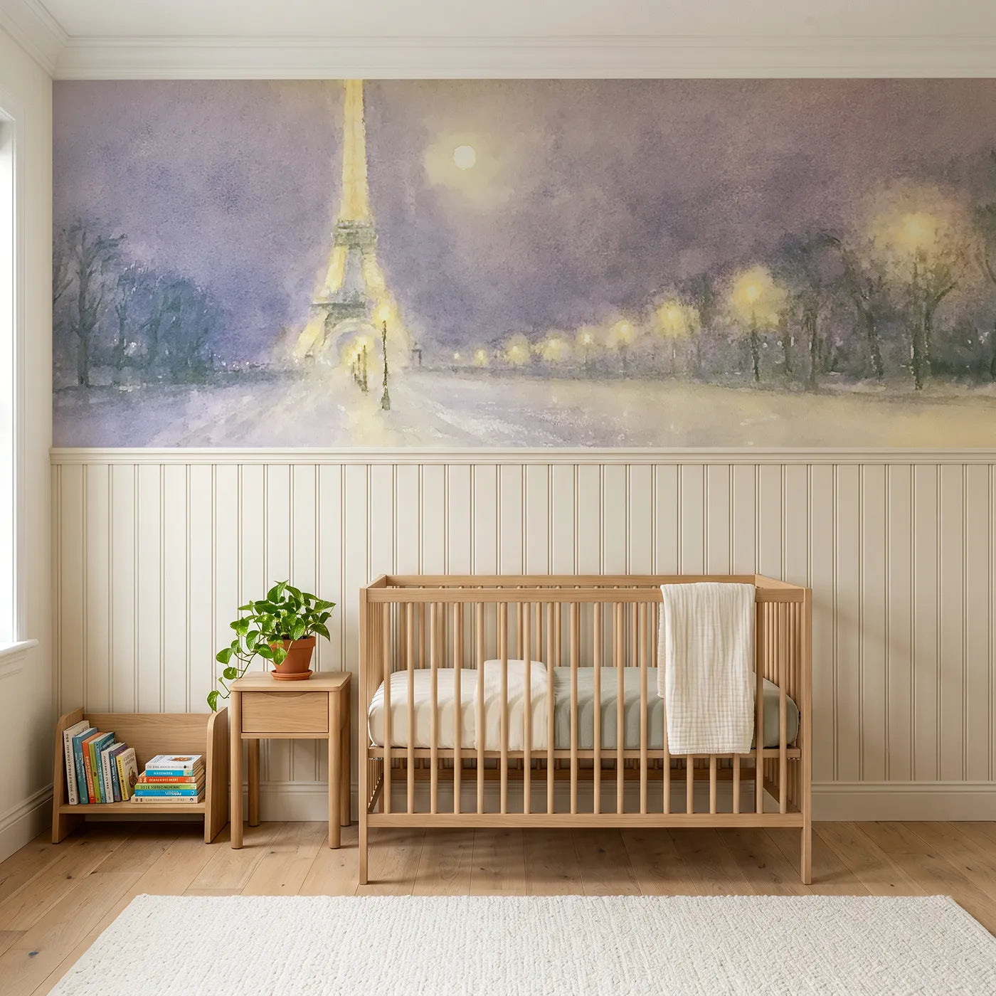 Soft pastel wainscoting wallpaper of a lamplit leaning tower square by Whimsy Tots