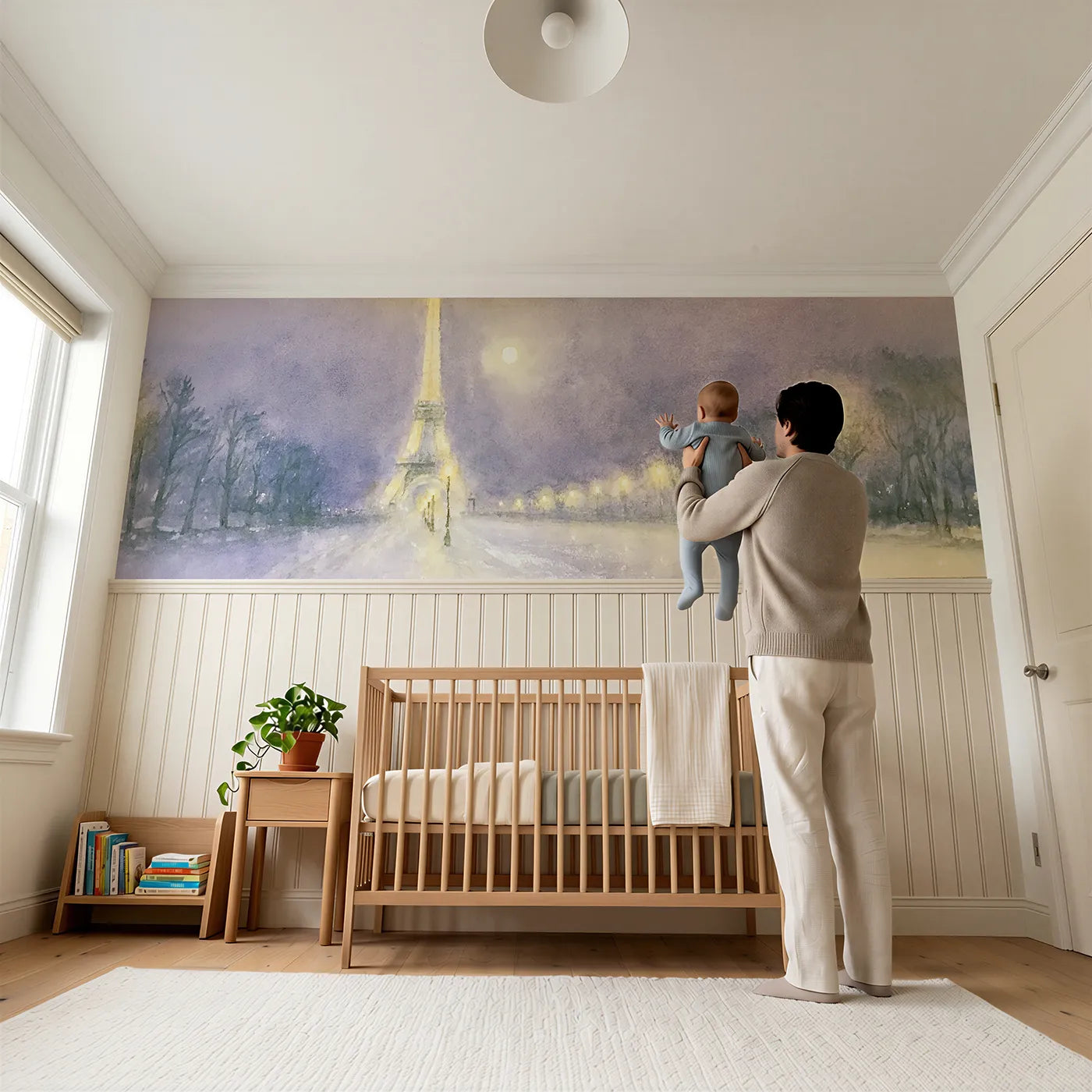 Child reading near Lamplit Evening Below Tower Wainscoting Wallpaper by Whimsy Tots
