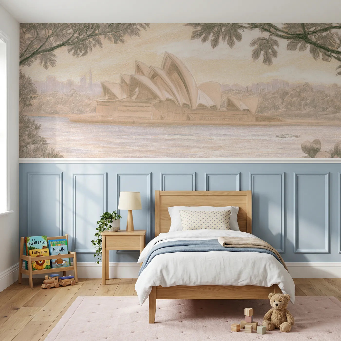 Colored pencil wainscoting wallpaper of opera sails and morning gardens by Whimsy Tots