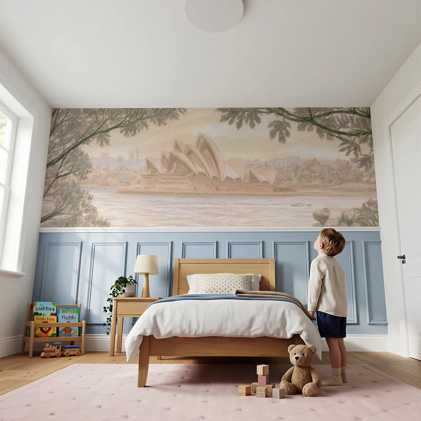 Child reading near Opera Sails Morning Gardens Wainscoting Wallpaper by Whimsy Tots