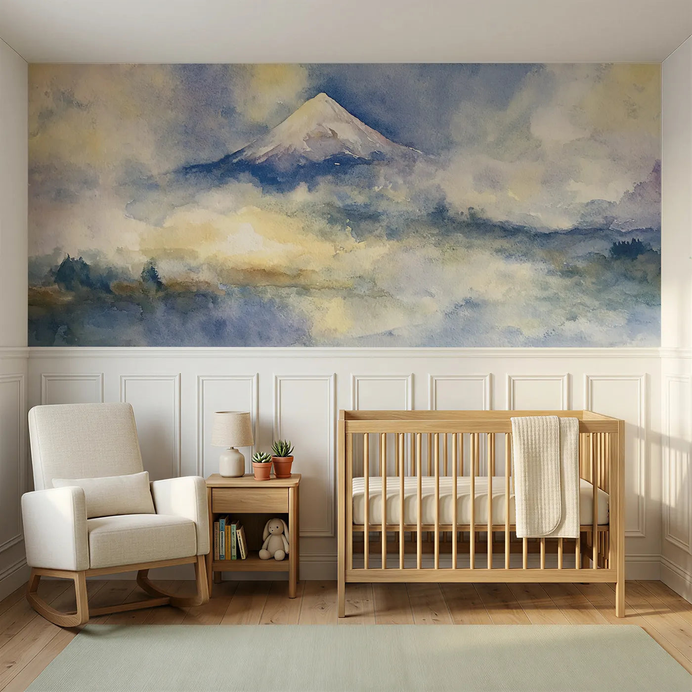 Watercolor wainscoting wallpaper of Fuji floating above lake mist by Whimsy Tots