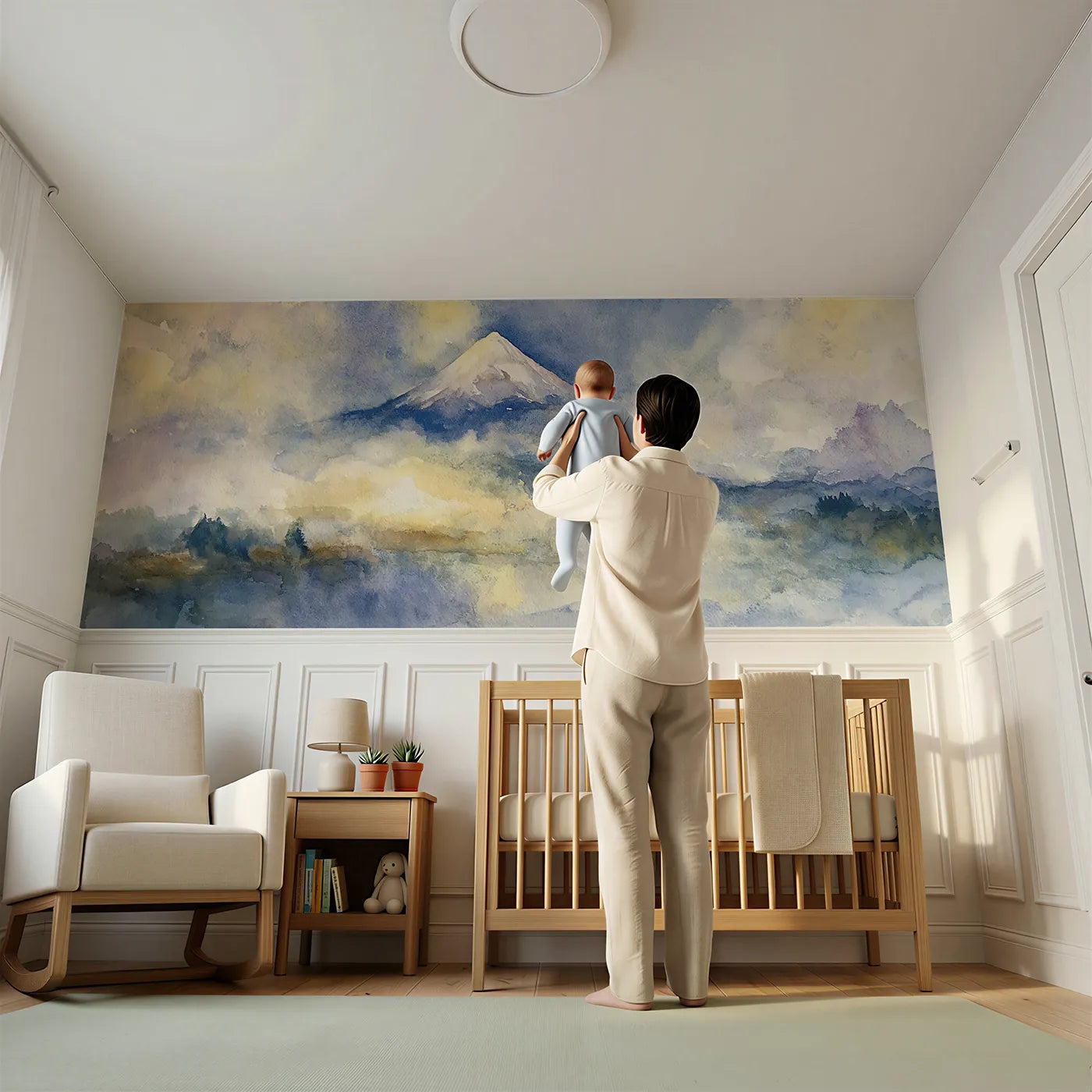 Child reading near Fuji Above Lake Mist Wainscoting Wallpaper by Whimsy Tots