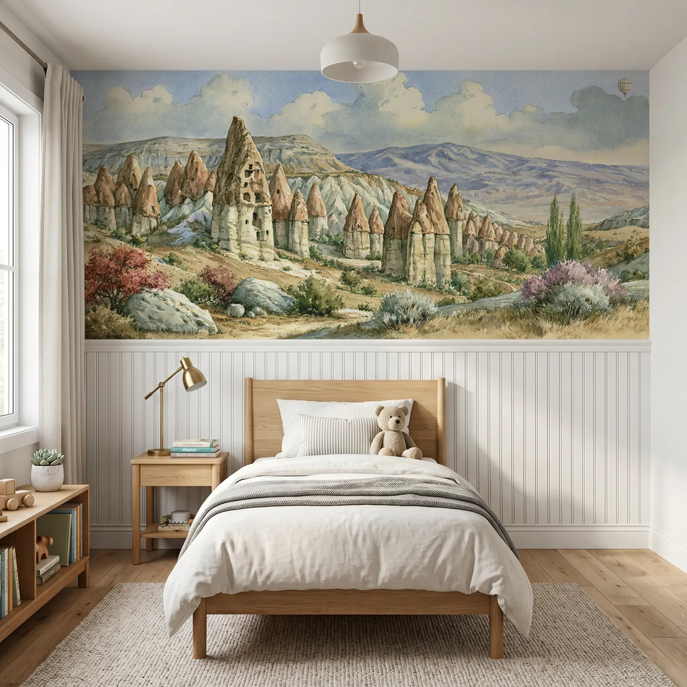 Storybook wainscoting wallpaper of fairy chimneys at dusk by Whimsy Tots