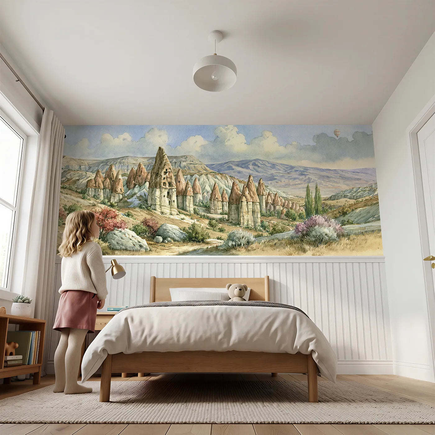 Child reading near Fairy Chimneys At Dusk Wainscoting Wallpaper by Whimsy Tots