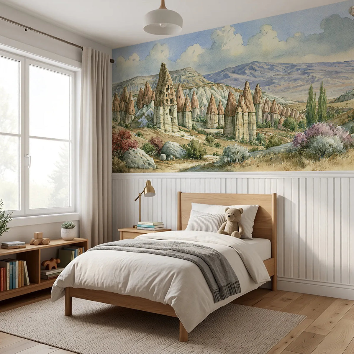 Fairy Chimneys At Dusk Wainscoting Wallpaper styled in a kids room by Whimsy Tots