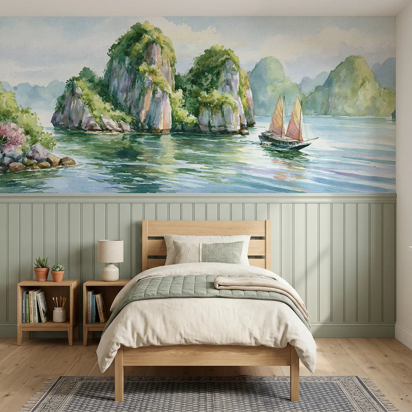 Watercolor wainscoting wallpaper of a junk sail among karst isles by Whimsy Tots