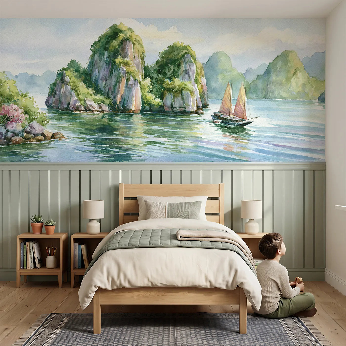 Child reading near Junk Sail Among Isles Wainscoting Wallpaper by Whimsy Tots