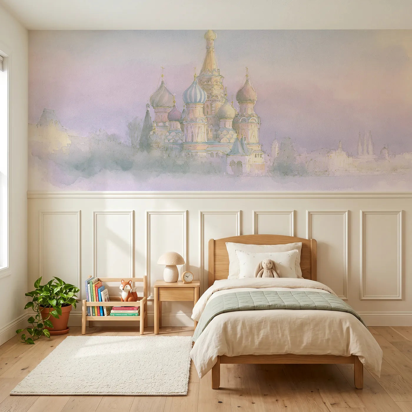 Soft pastel wainscoting wallpaper of painted swirled domes at dusk by Whimsy Tots