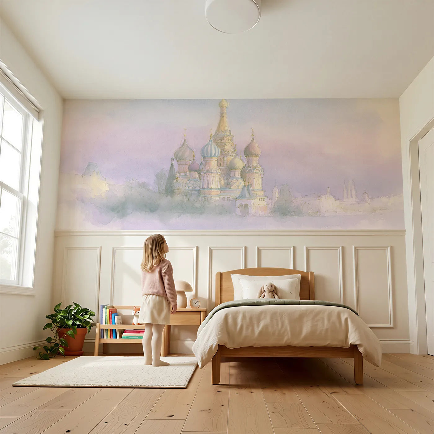 Child reading near Painted Domes At Dusk Wainscoting Wallpaper by Whimsy Tots