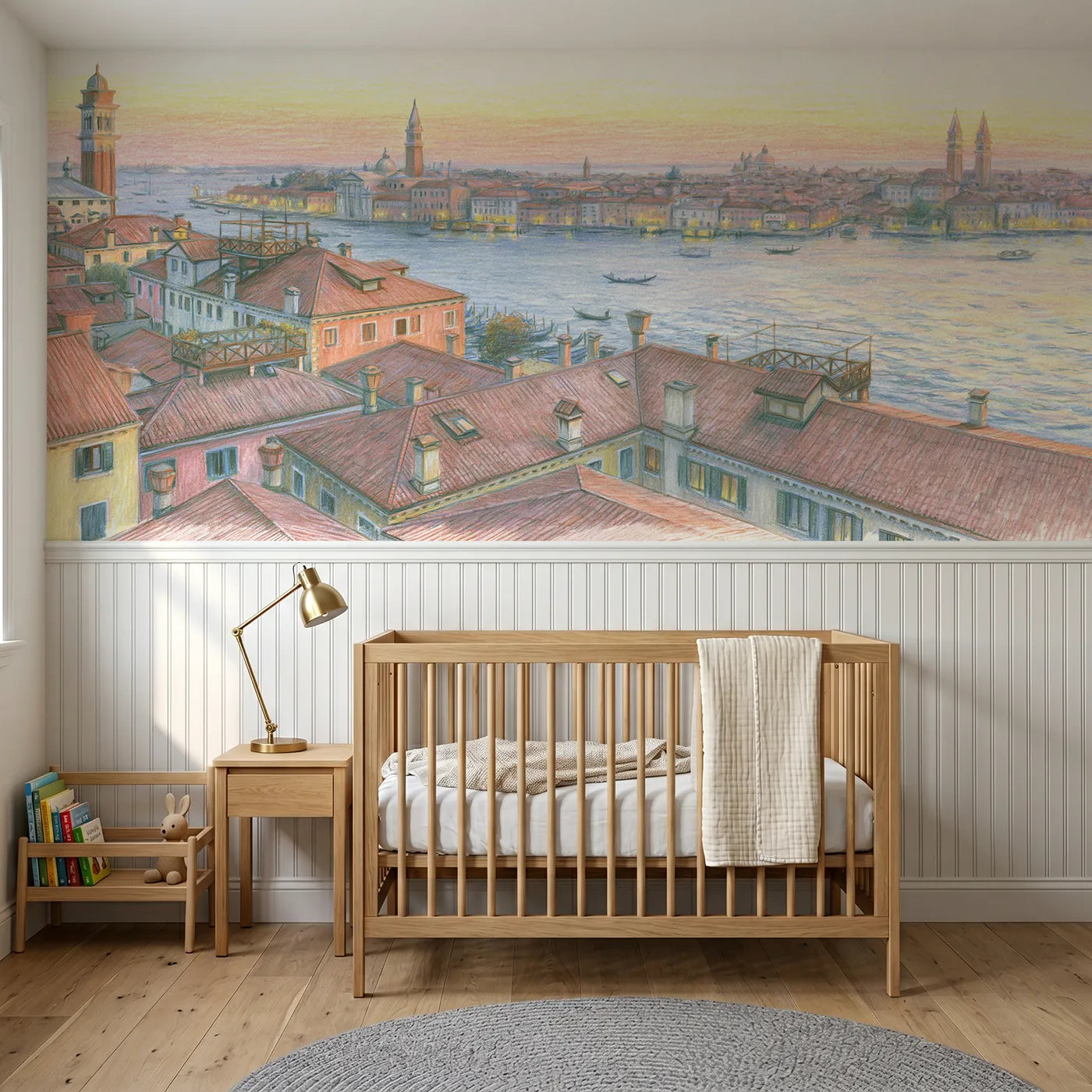 Colored pencil wainscoting mural of Venice rooftops at dusk by Whimsy Tots
