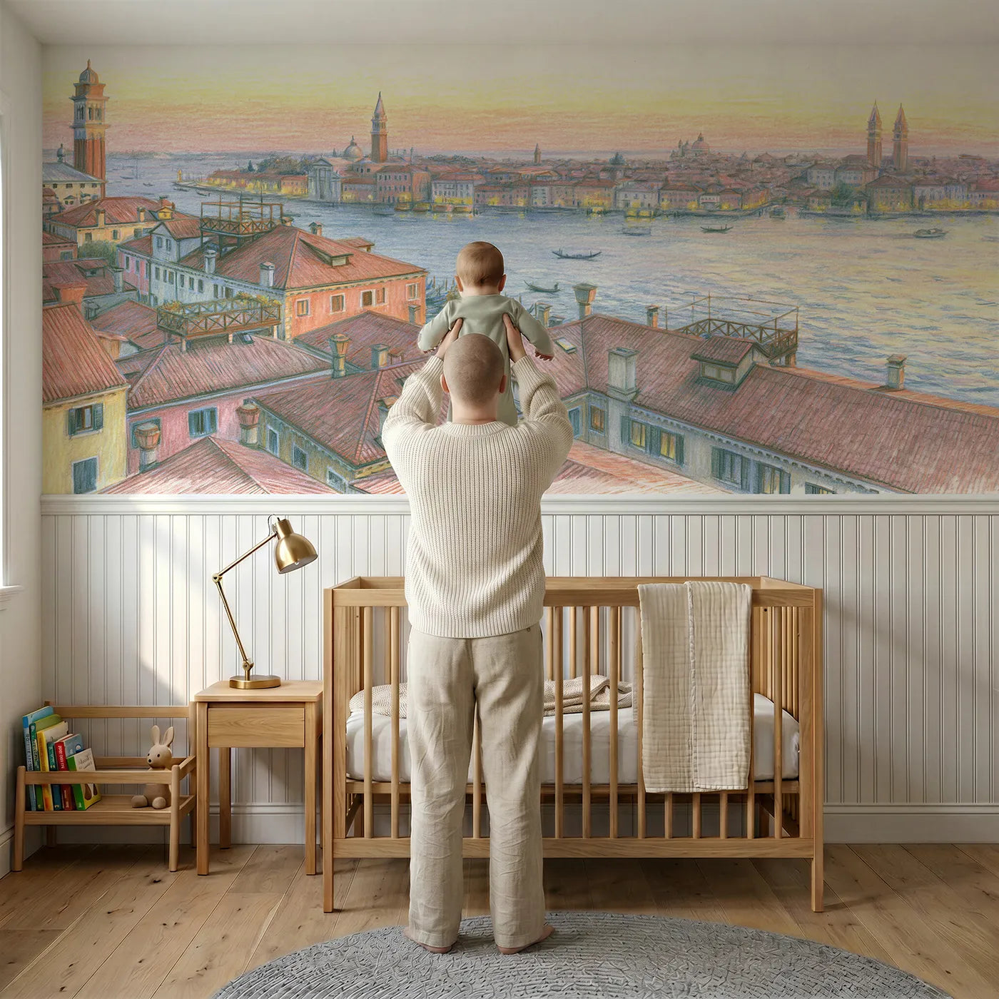 Child reading near Venice Rooftops At Dusk Wainscoting Wallpaper by Whimsy Tots