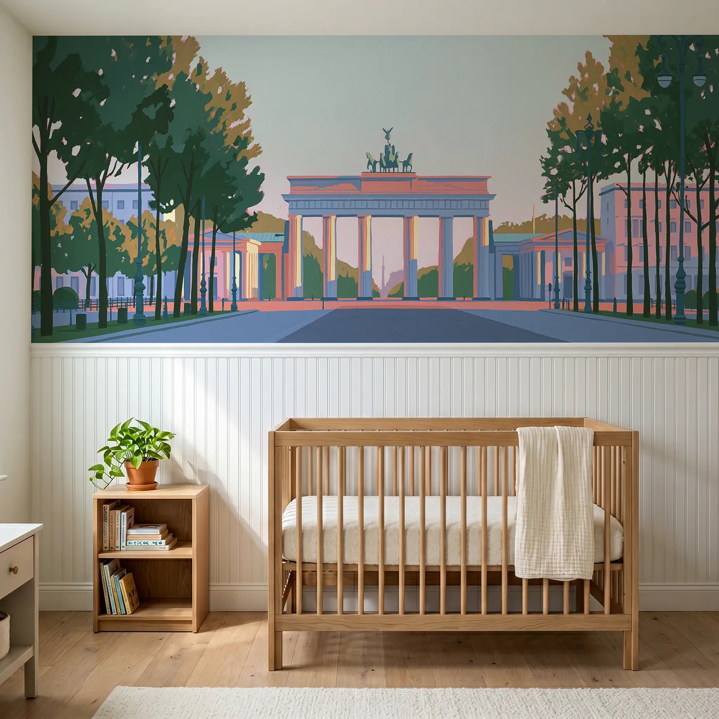 Modern illustration wainscoting wallpaper of the Brandenburg Gate by Whimsy Tots