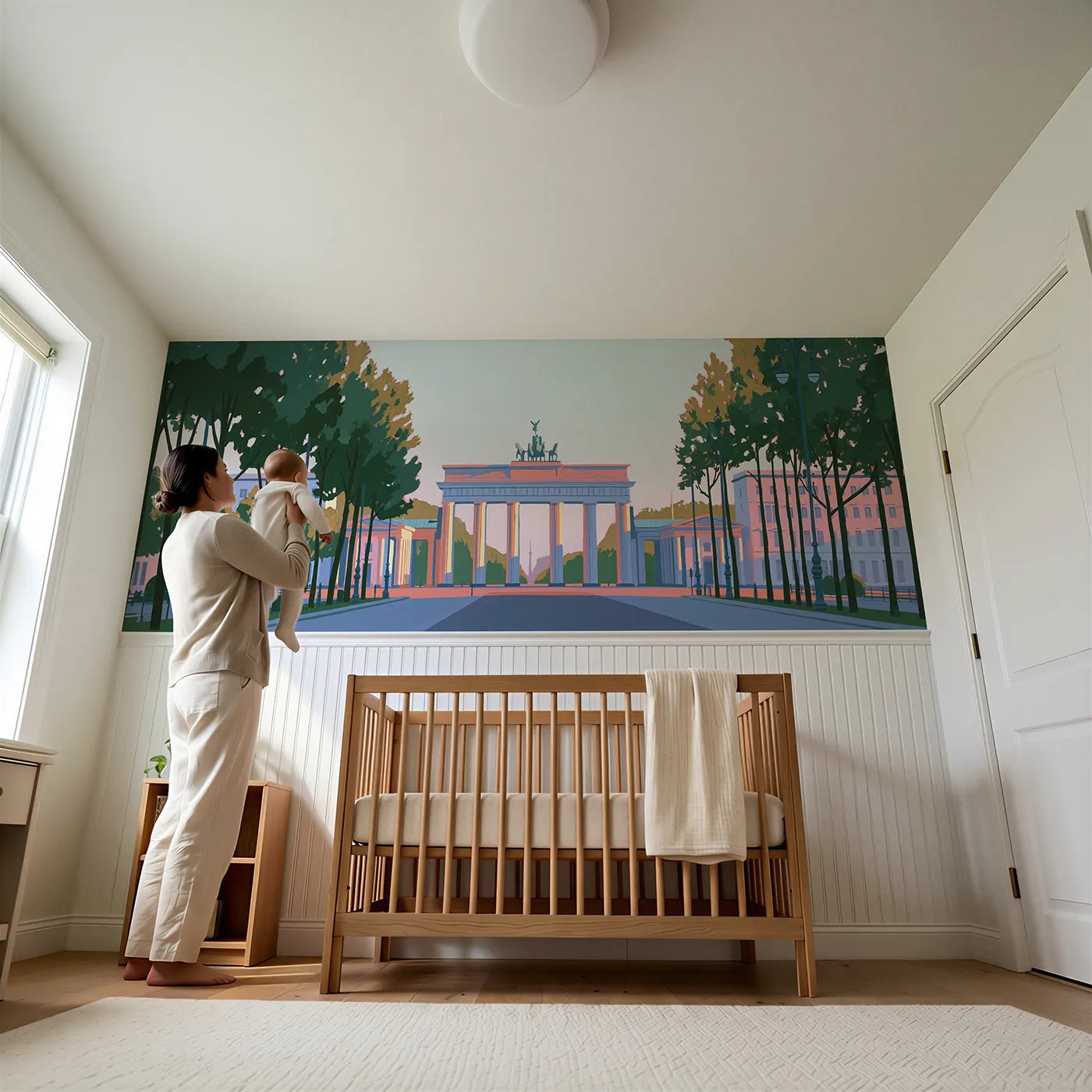 Child reading near Flat Columns Of Brandenburg Wainscoting Wallpaper by Whimsy Tots