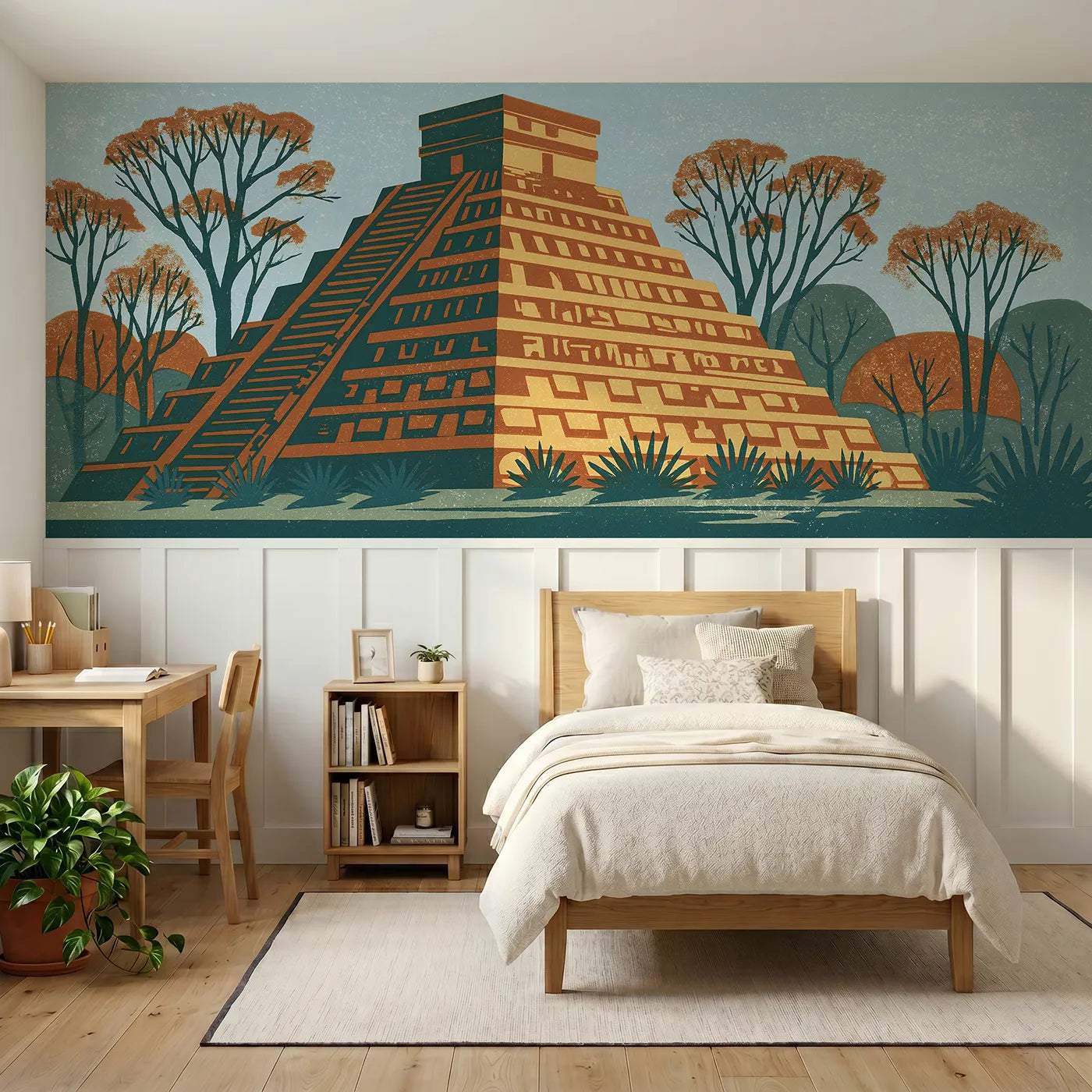 Block print wainscoting wallpaper of a carved stepped pyramid by Whimsy Tots