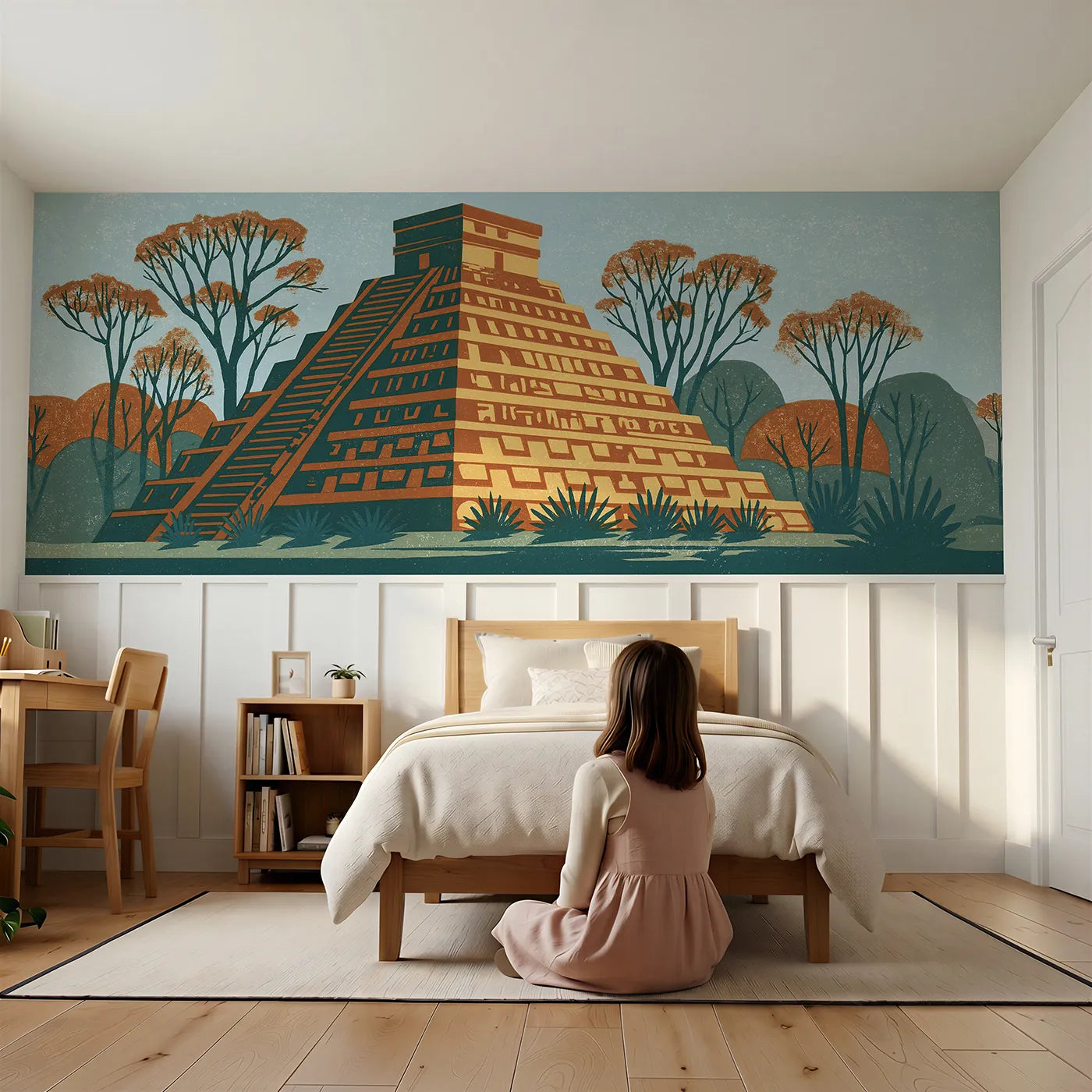 Child reading near Carved Stepped Pyramid Dusk Wainscoting Wallpaper by Whimsy Tots