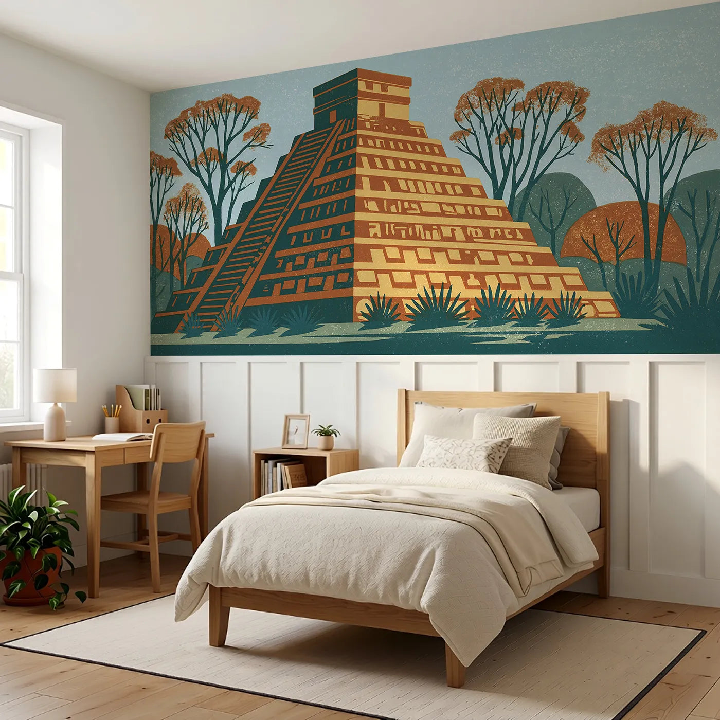 Carved Stepped Pyramid Dusk Wainscoting Wallpaper styled in a kids room by Whimsy Tots