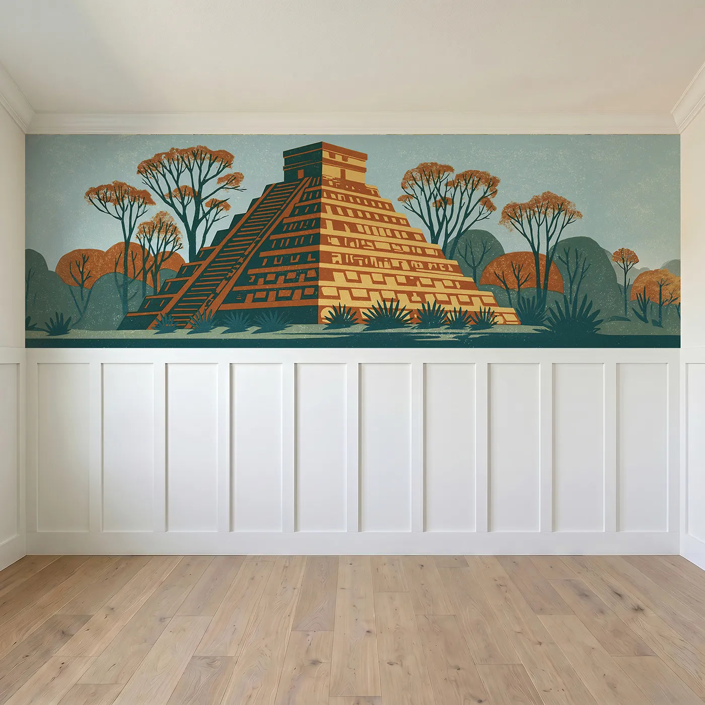 Full panel view of Carved Stepped Pyramid Dusk Wainscoting Wallpaper by Whimsy Tots